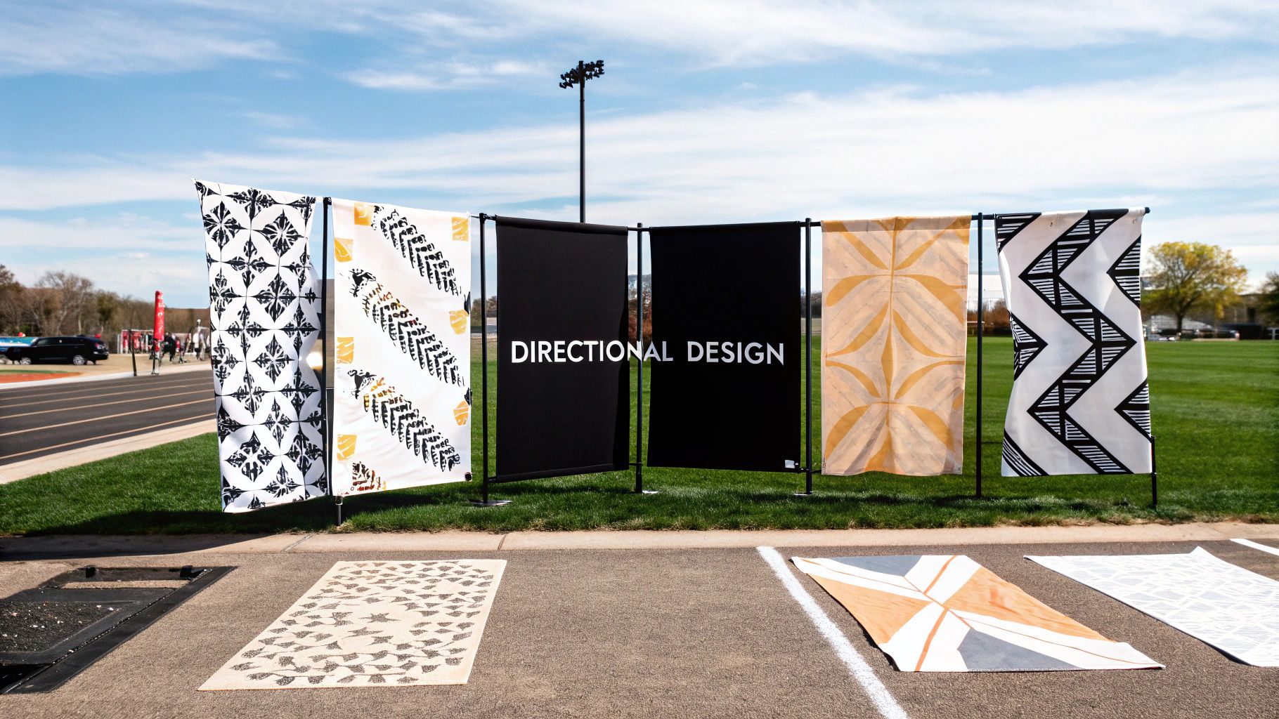 Outdoor exhibition of fabric panels with various patterns, including 'DIRECTIONAL DESIGN' on black banners.