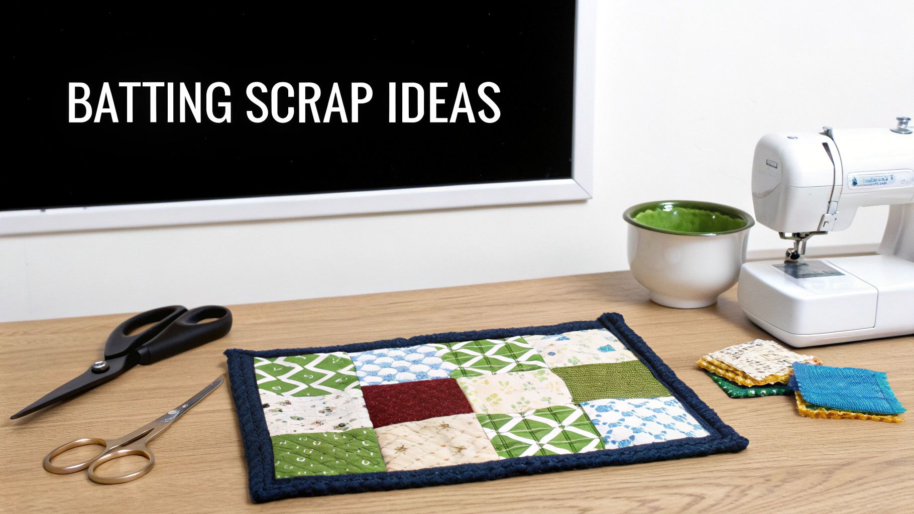 A person using a rotary cutter to trim excess quilt batting from a quilt top.