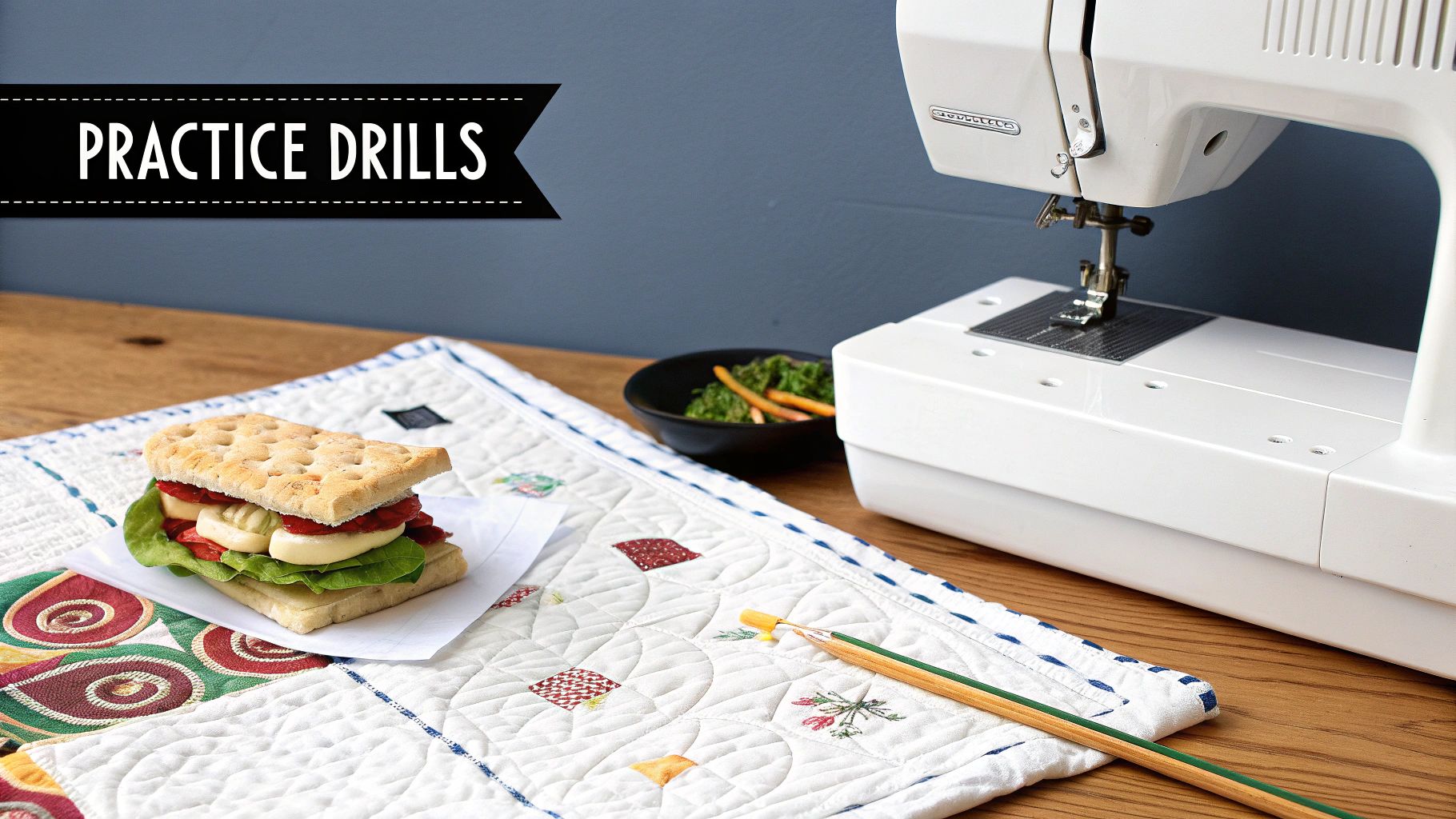 A sewing machine, sandwich, and quilted fabric on a wooden table with a 'PRACTICE DRILLS' banner.