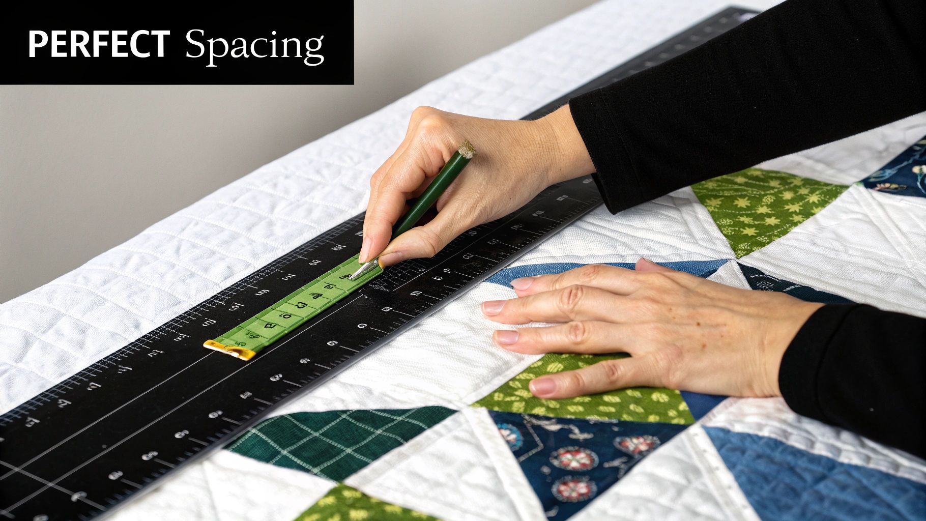 A person's hands using a long black ruler and a green pencil to mark straight lines on a colorful quilt, ensuring perfect spacing.