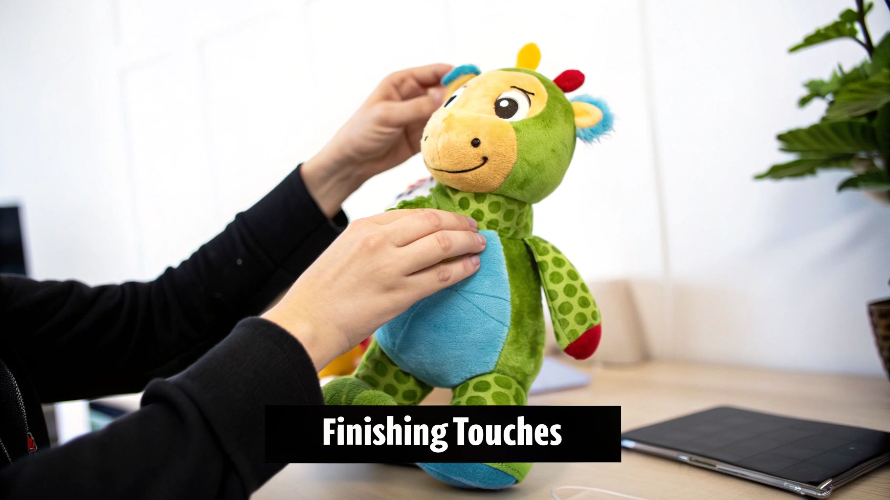 Close-up of hands making adjustments to a green and blue plush toy on a light wooden desk.