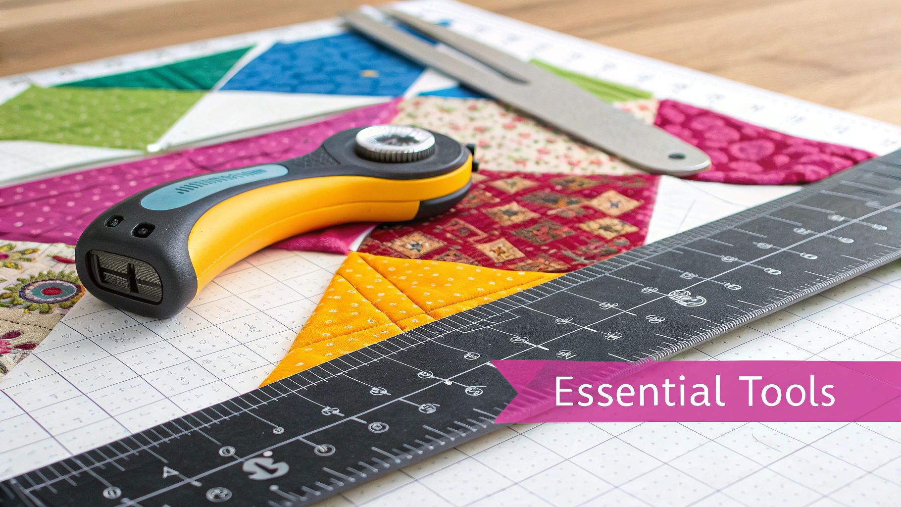 A rotary cutter, quilting ruler, and various sewing machine feet arranged neatly on a cutting mat.