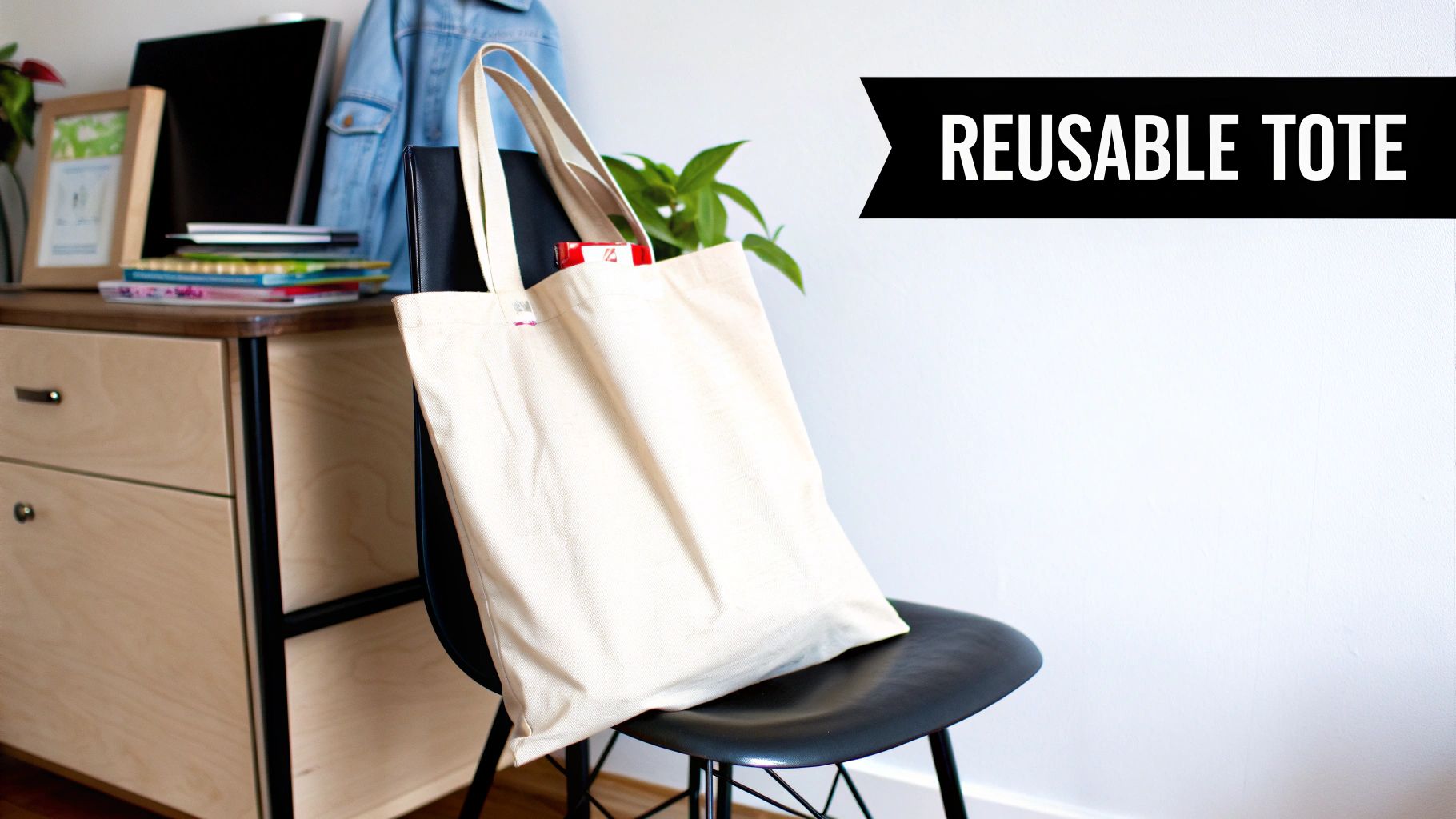 Light-colored reusable tote bag on a modern black chair, with books and a plant in the background.