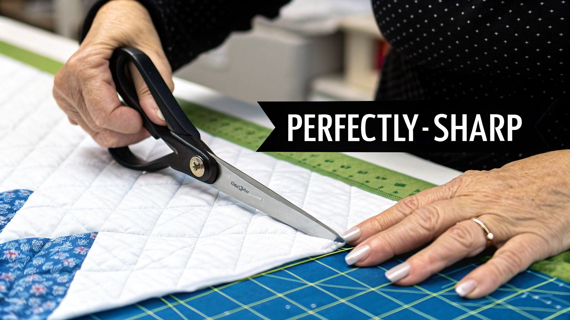 A person's hands using Gingher scissors to precisely cut quilted fabric on a cutting mat.