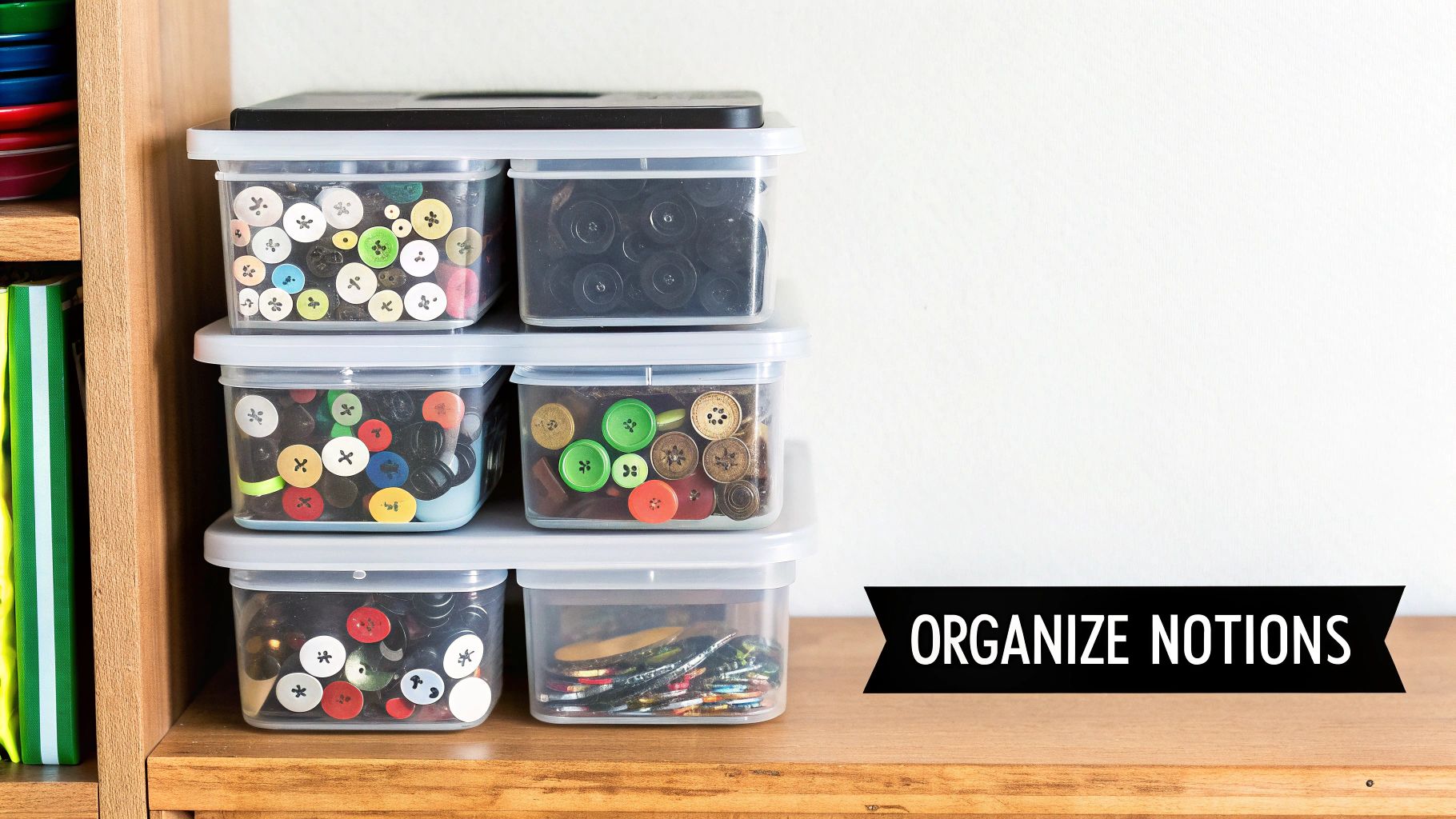 Sewing notions organized neatly in clear containers and jars.