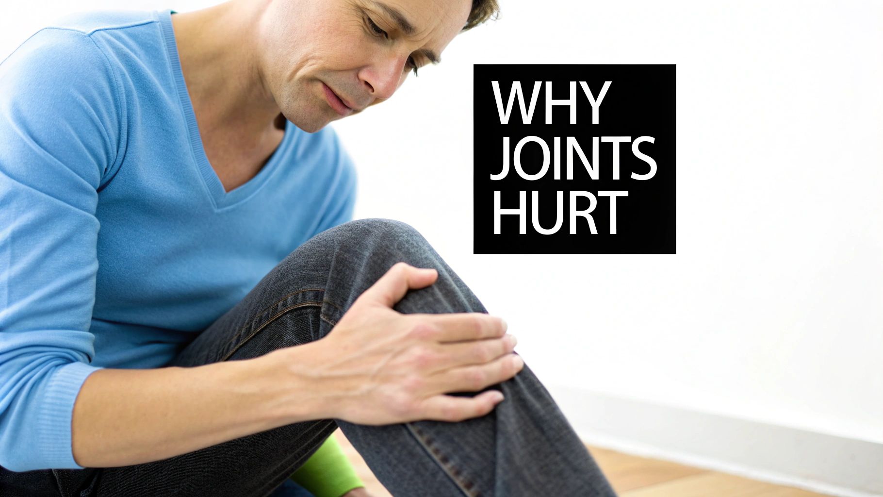 Man in blue shirt holding painful knee, looking down. Text: 'WHY JOINTS HURT' on white background.
