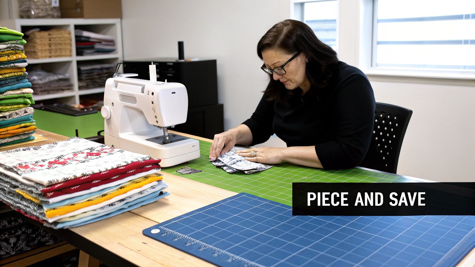 A woman in glasses pieces fabric on a green mat, with a sewing machine and colorful fabric stacks nearby.