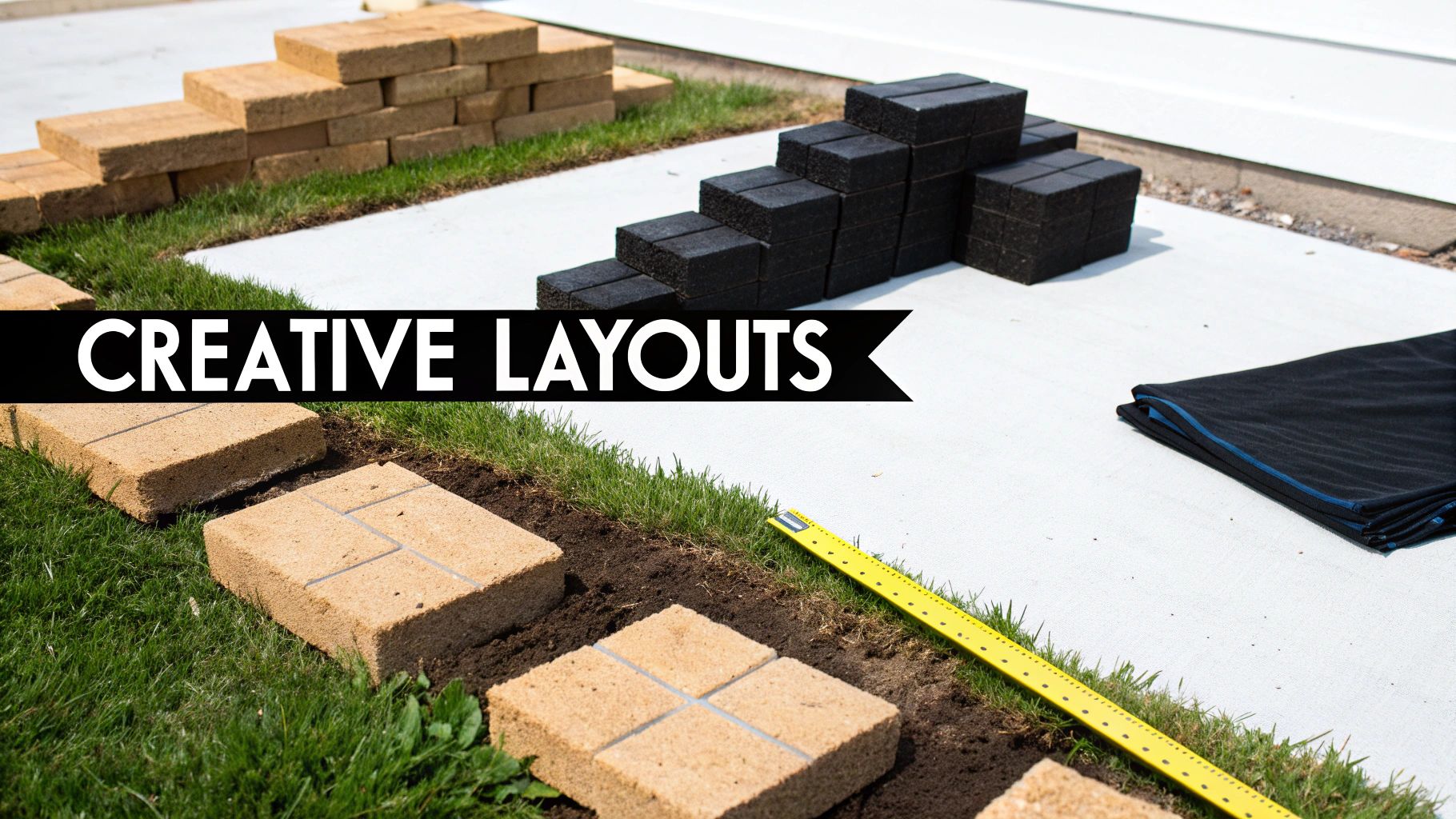 Creative layouts of brown and black landscaping blocks on grass and concrete, with a yellow ruler.