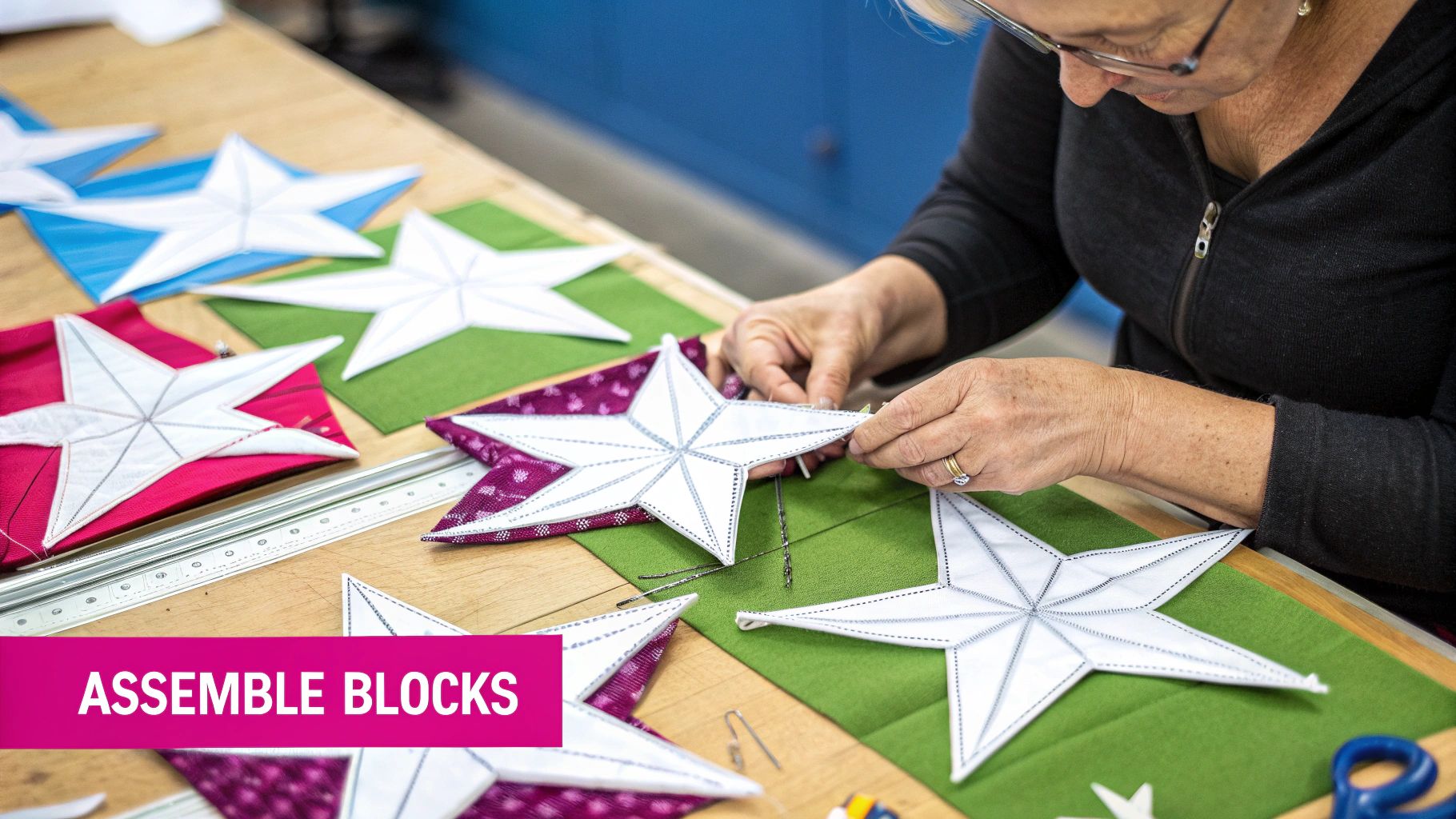 A person's hands meticulously assemble white star quilt blocks on colorful fabric pieces on a wooden table.