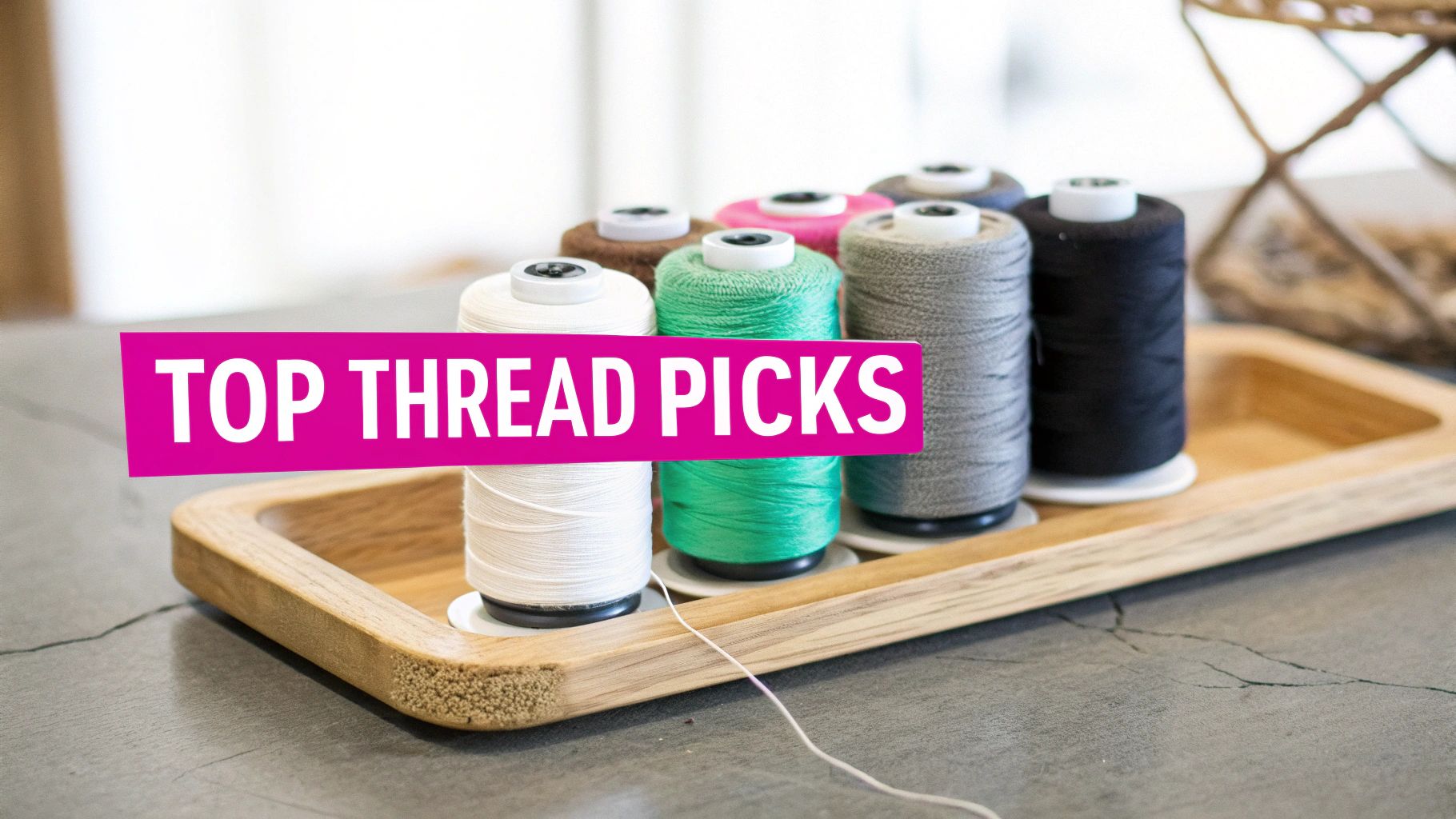 A close-up of a quilting machine needle stitching an intricate pattern with white thread onto a colorful quilt.