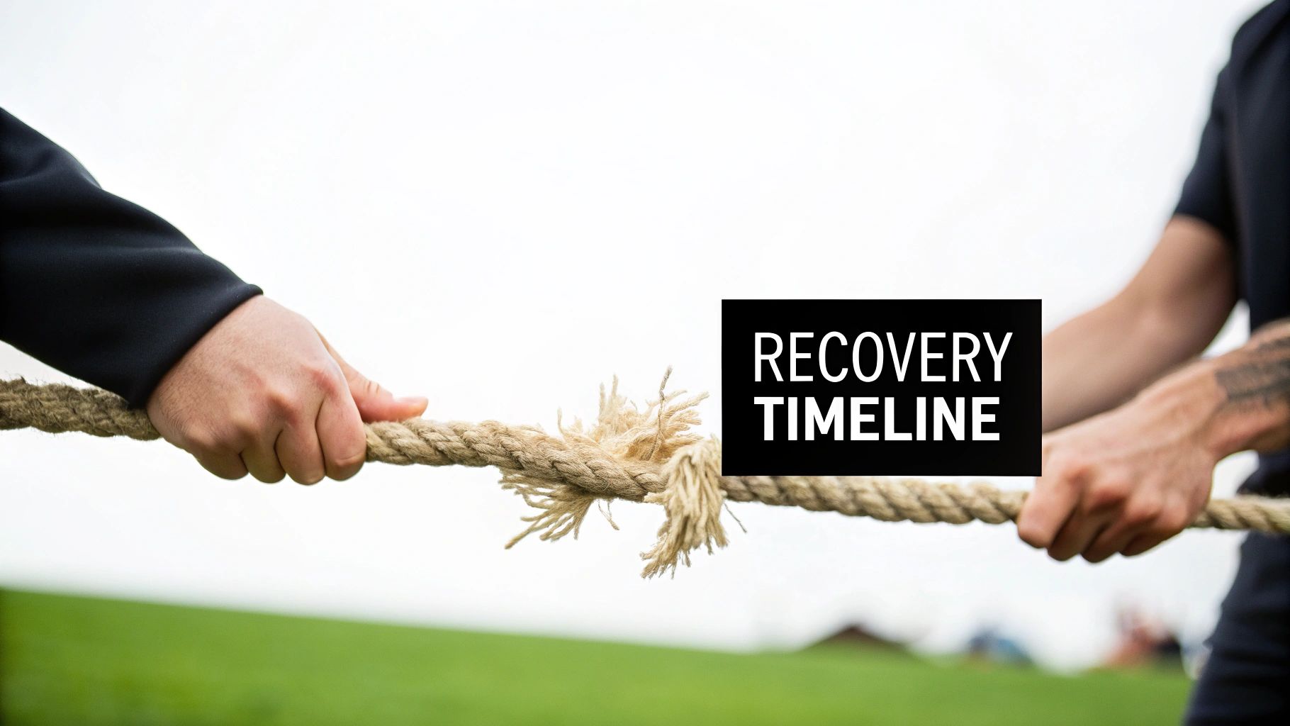 Two people tugging on a fraying rope, with text overlay 'RECOVERY TIMELINE' against sky and grass.