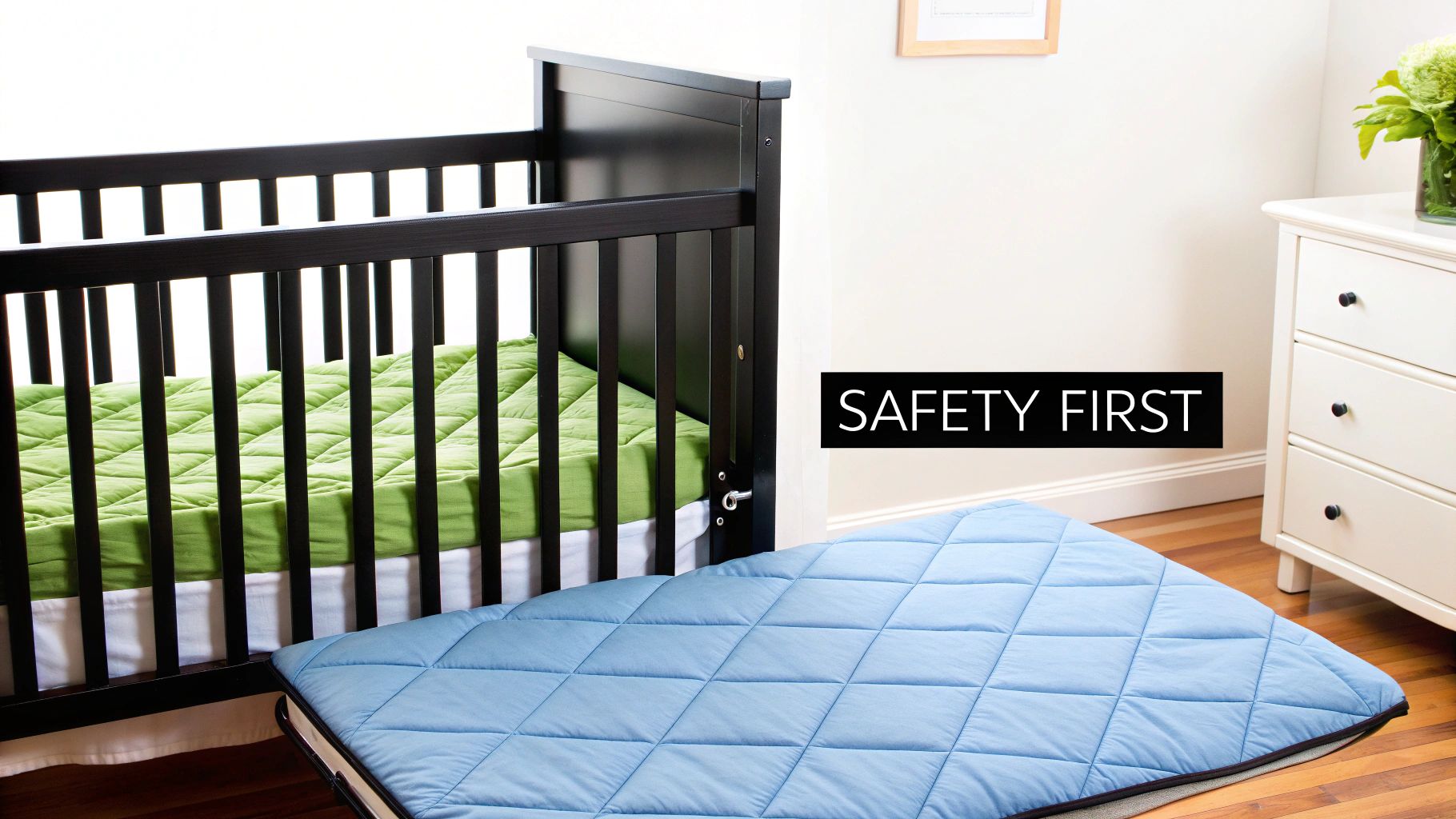 A neatly folded baby quilt resting in a crib, showcasing proper sizing.