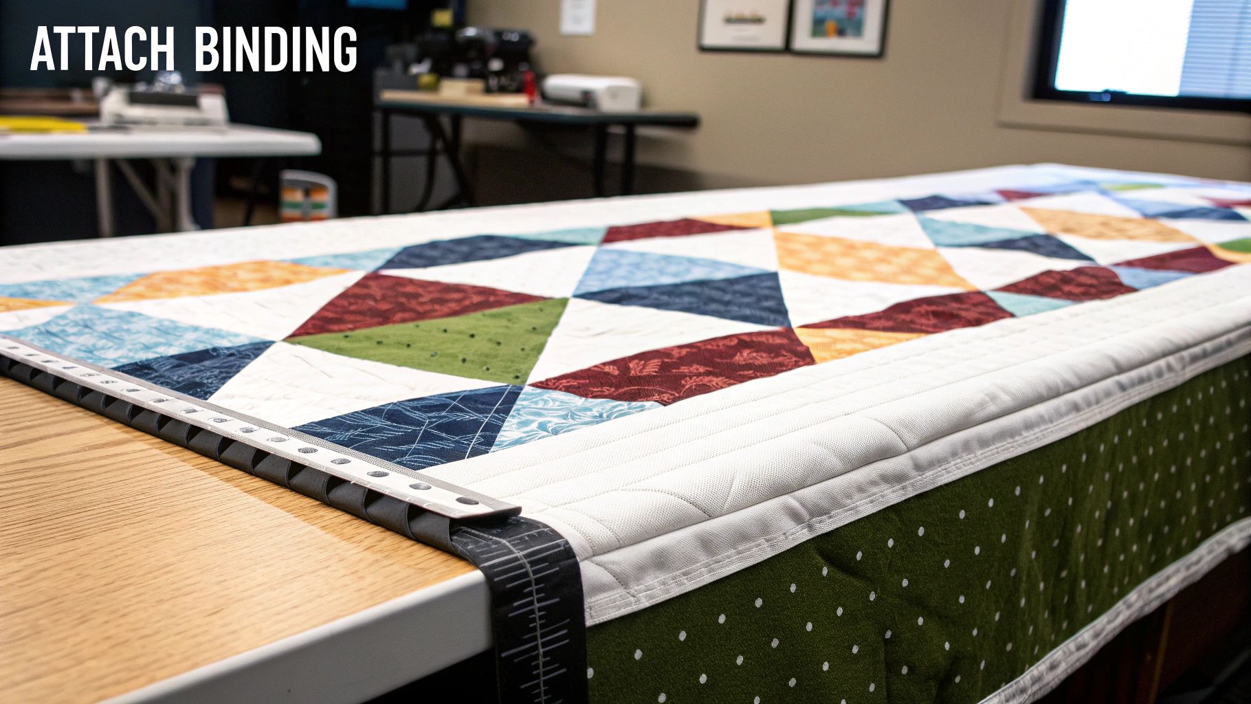 A close-up of a sewing machine needle stitching a folded binding strip onto the edge of a multi-layered quilt.
