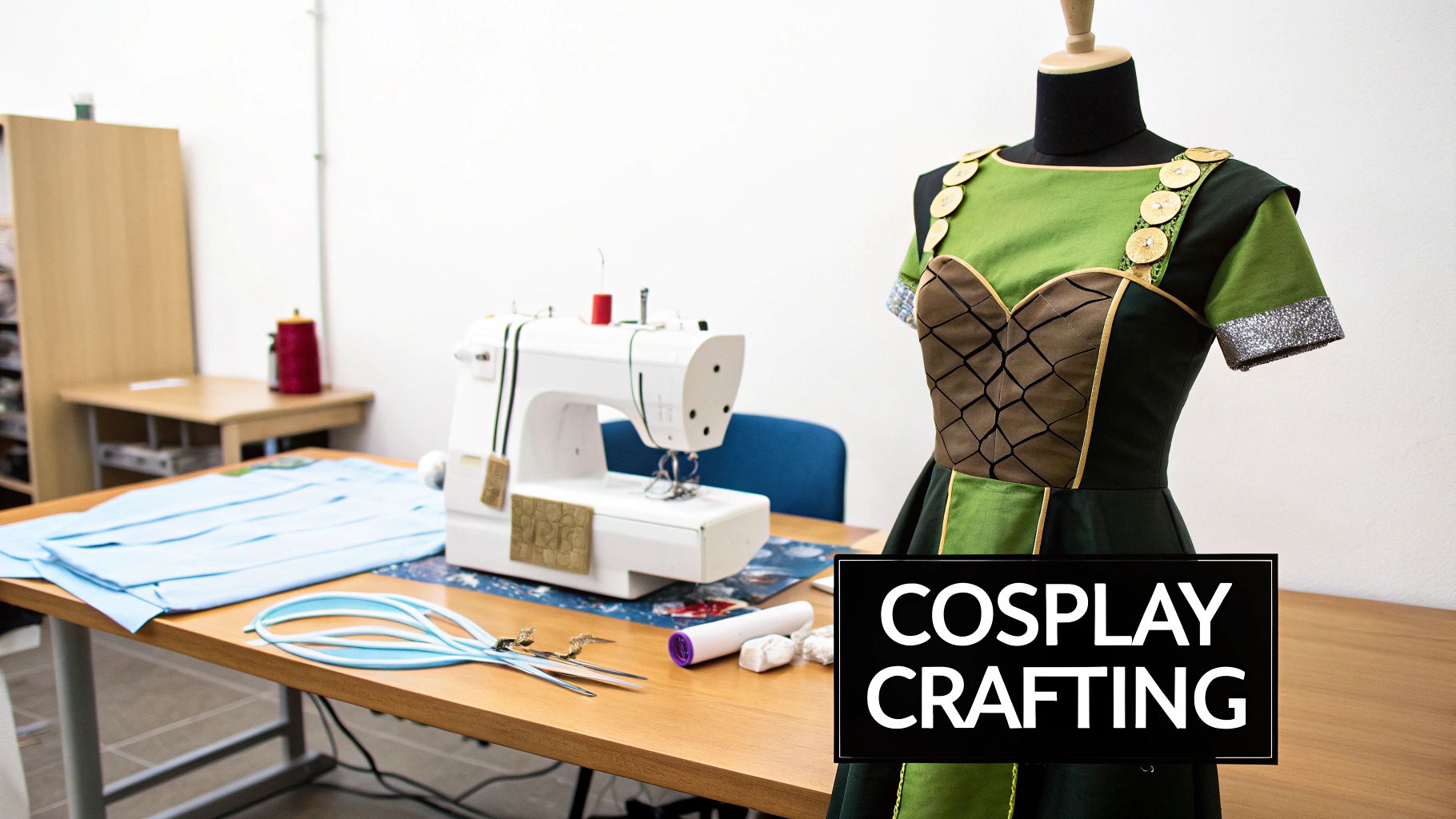 A cosplay costume on a mannequin next to a sewing machine and crafting supplies on a wooden table.