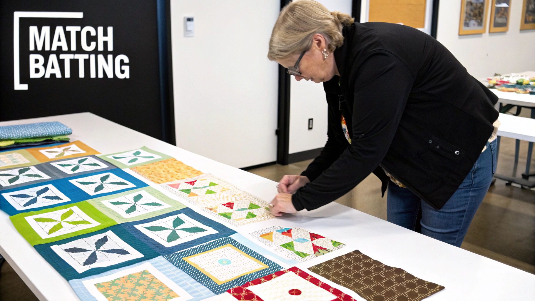 Woman examining colorful quilt blocks and batting samples laid out on white table in studio