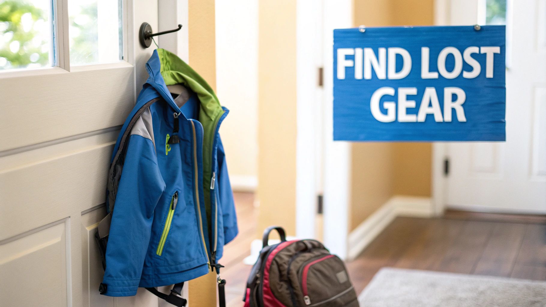 A blue jacket with green lining hangs on a white door hook, next to a 'FIND LOST GEAR' sign.