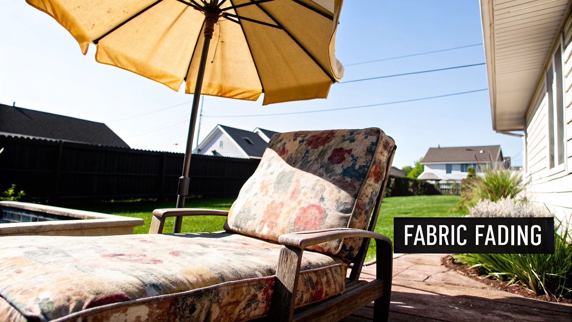 Faded outdoor patio umbrella showing signs of sun damage