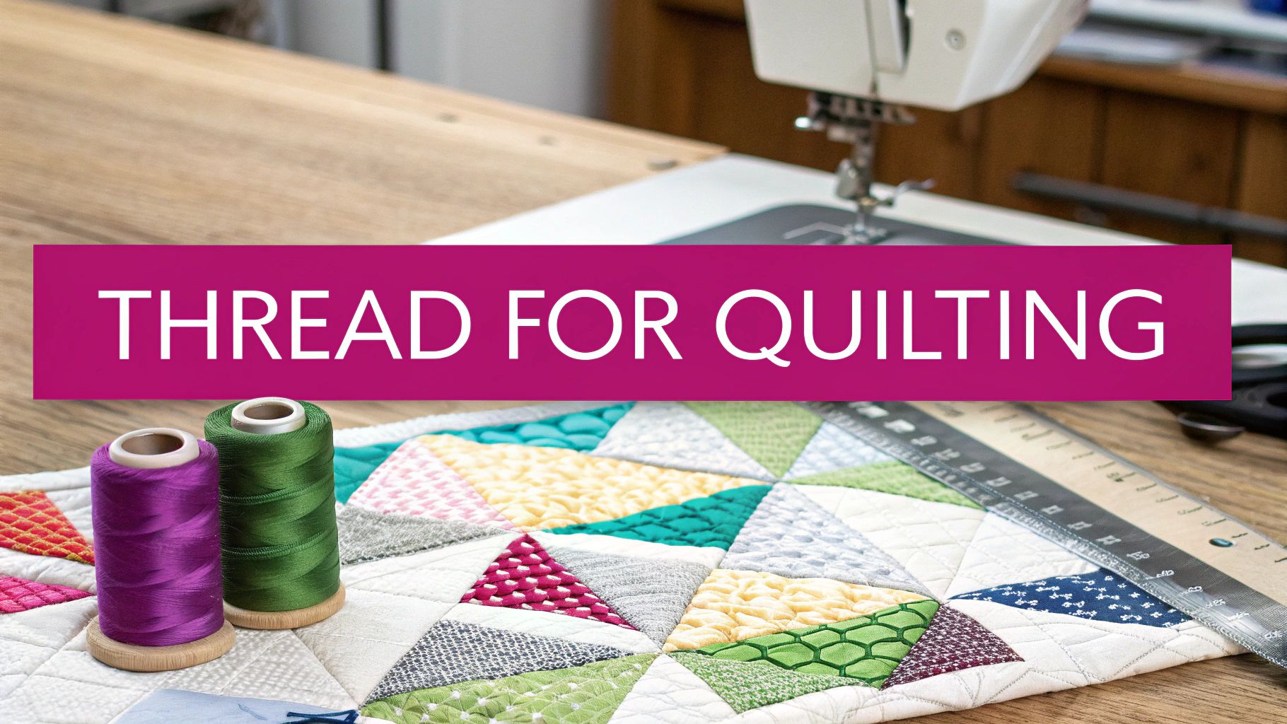 Colorful quilting thread spools beside patchwork quilt with sewing machine on wooden table