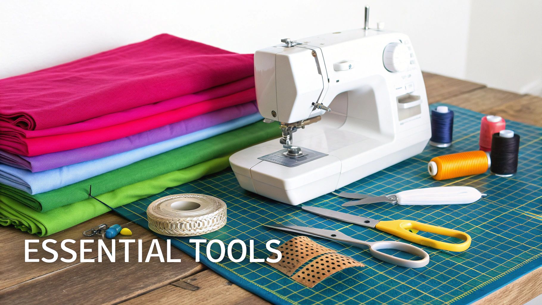 Essential sewing tools including a machine, colorful fabrics, threads, and scissors on a cutting mat.