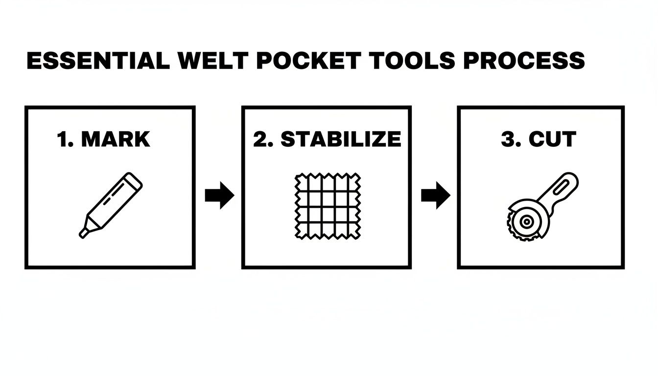 A three-step diagram illustrating the essential tools and process for creating welt pockets: mark, stabilize, and cut.
