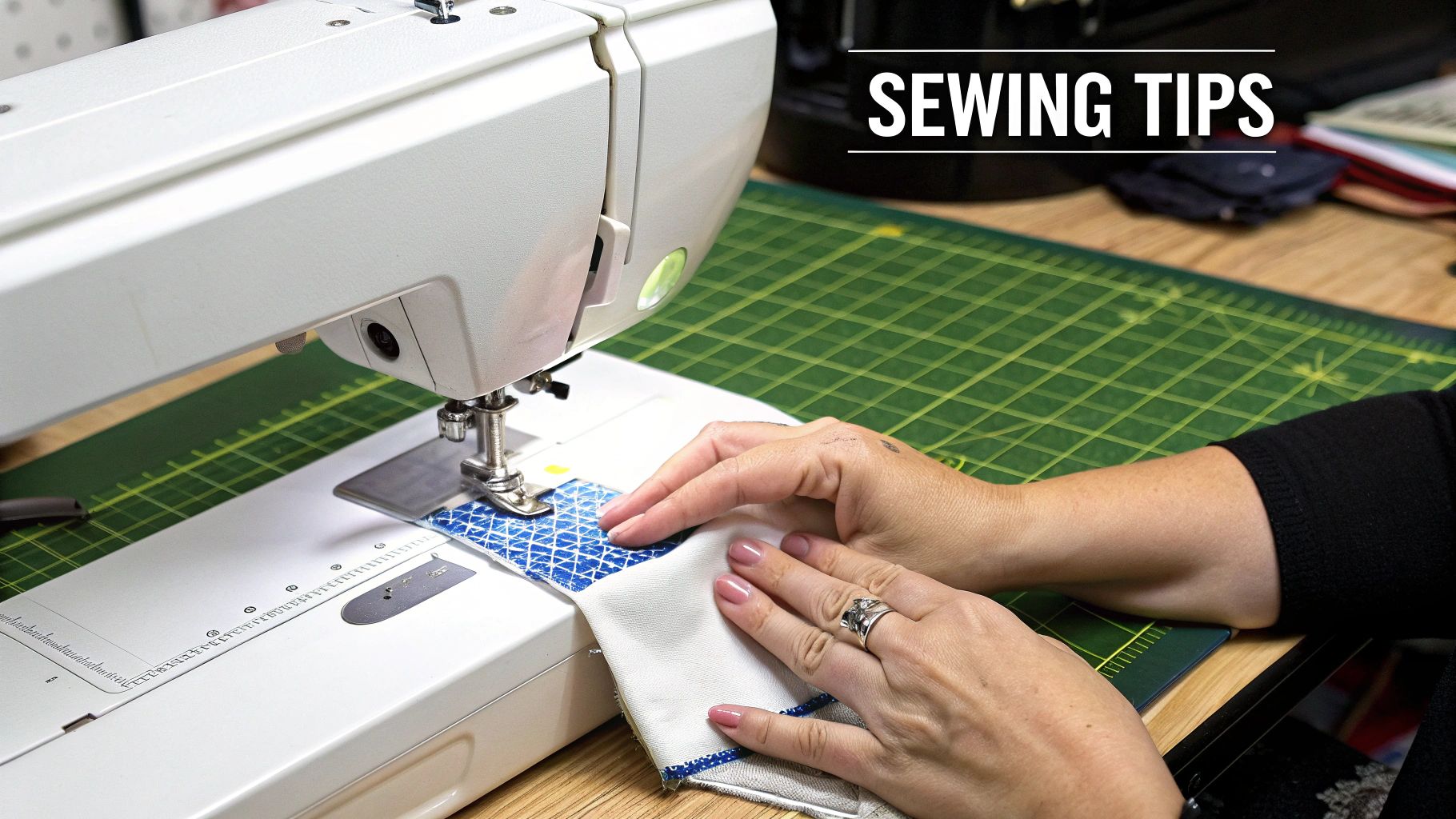 Hands guide blue patterned and white fabric under the needle of a sewing machine, with 'SEWING TIPS' text.