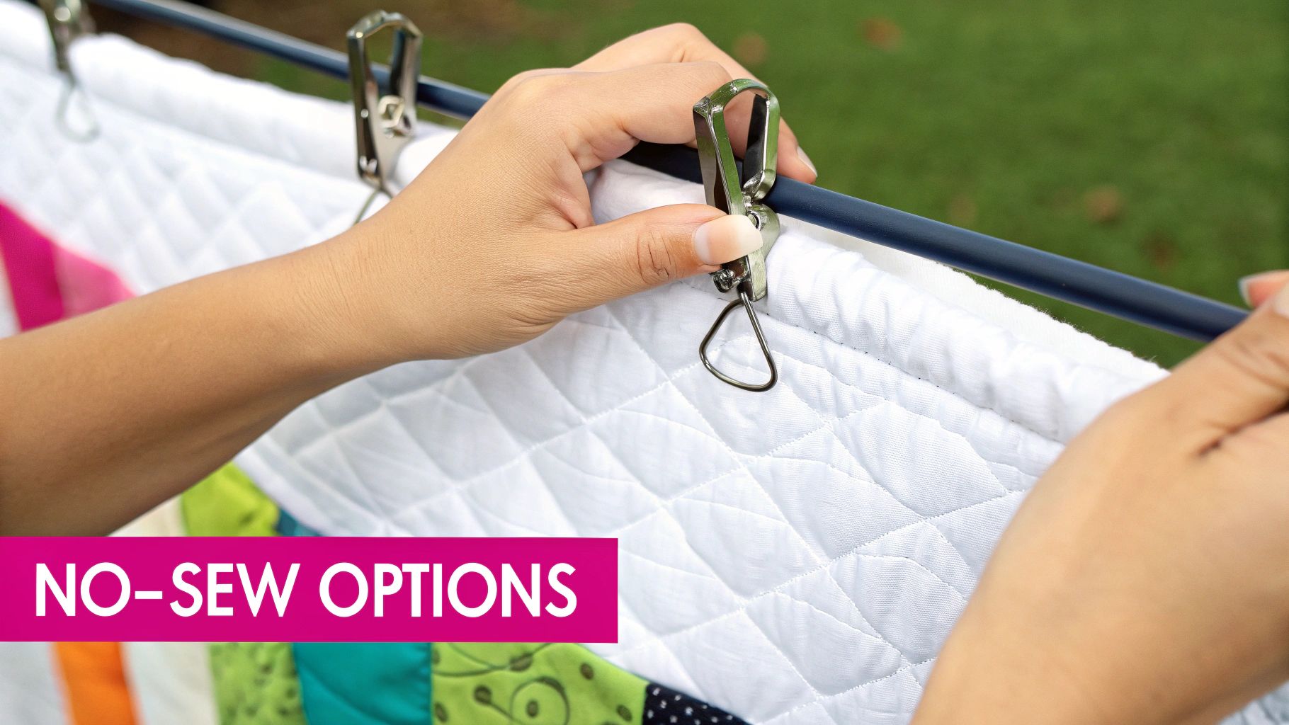 A modern quilt hung on a wall using a sleek wooden hanger, showcasing a clean and contemporary display method.