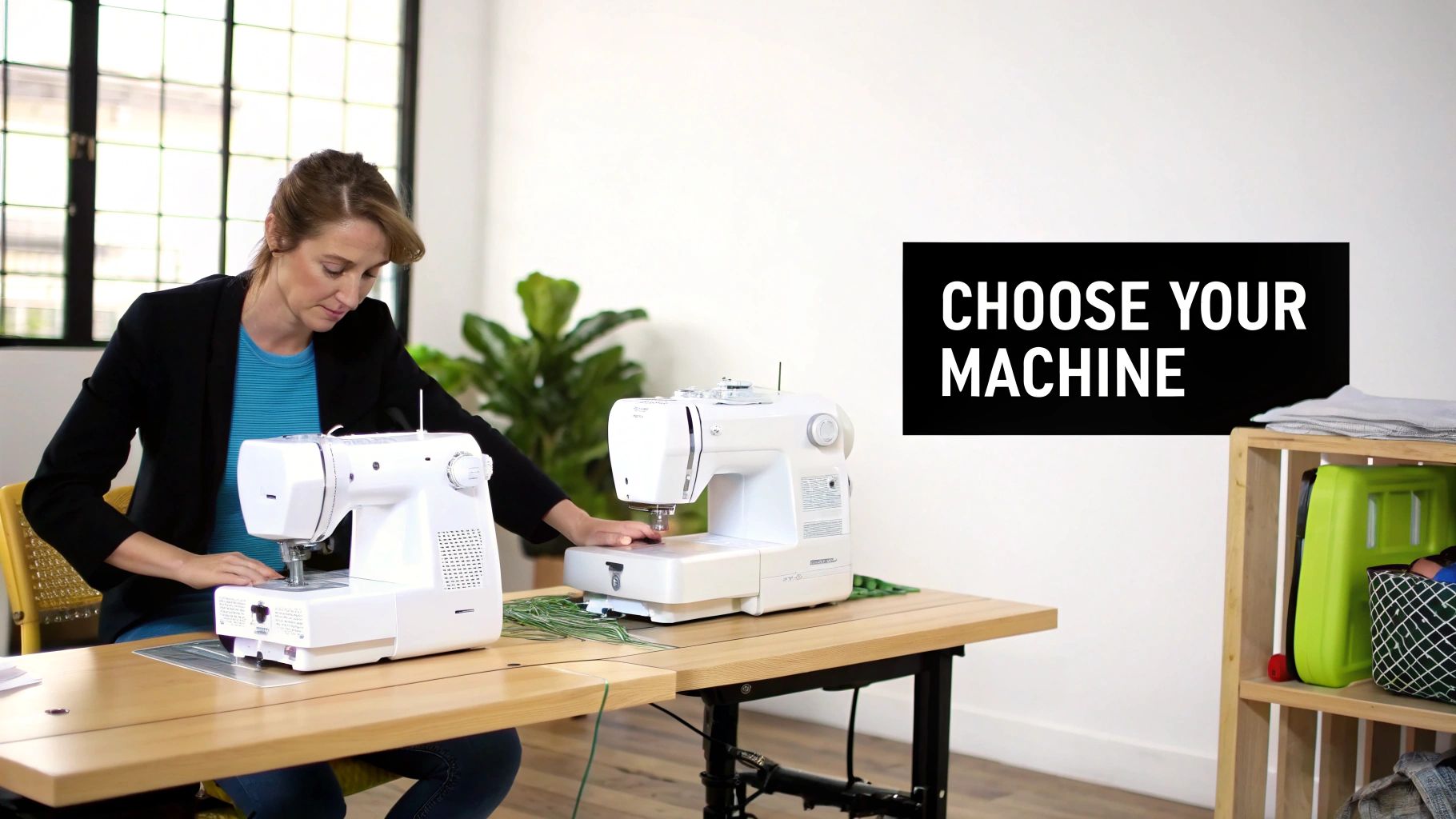 A woman operates a white sewing machine on a wooden table, with another machine and text 'CHOOSE YOUR MACHINE'.