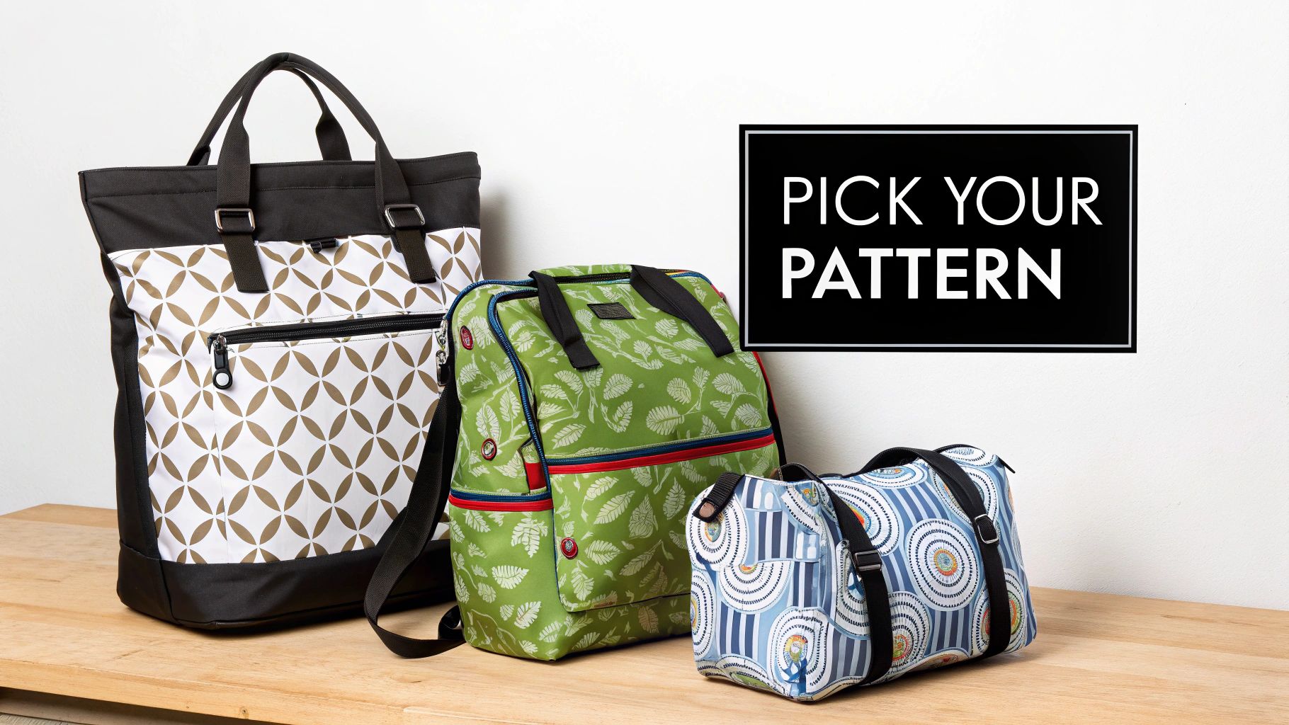 Three stylish bags with distinct patterns, including geometric, leaf, and circular designs, on a wooden surface.