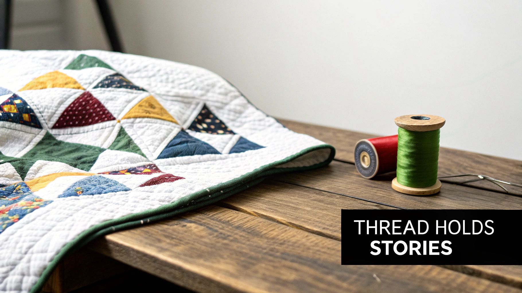 A vibrant patchwork quilt, green and red thread spools, and sewing tools on a rustic wooden table.