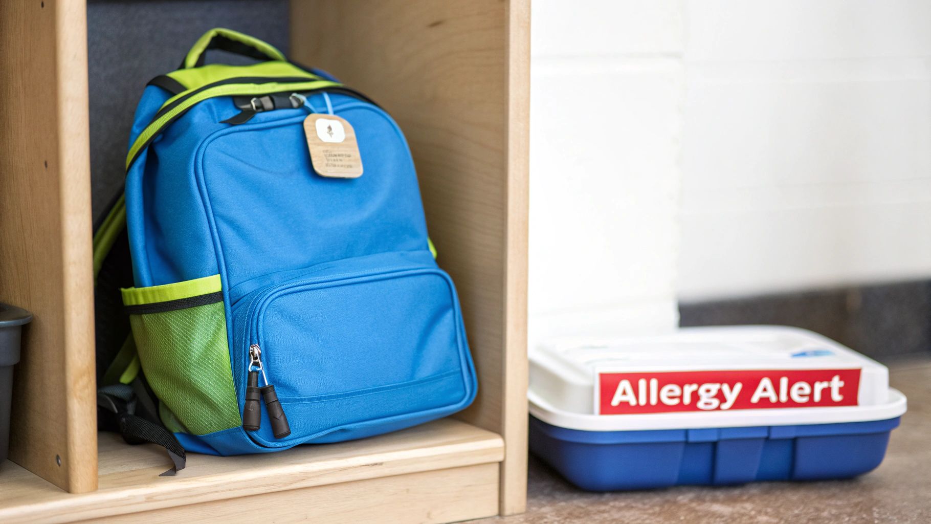 A blue and green backpack in a wooden cubby, with an 'Allergy Alert' container.