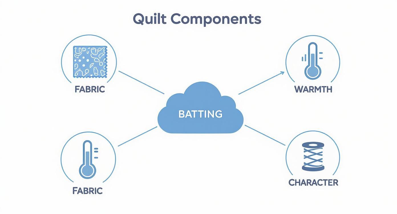 A diagram illustrating quilt components with batting at the center, connecting to fabric, warmth, and character.