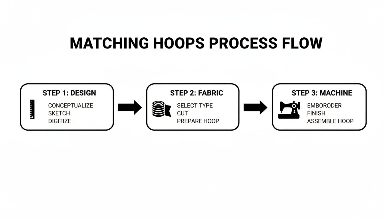 Process flow diagram showing three steps for matching hoops: design, fabric selection, and machine embroidery.