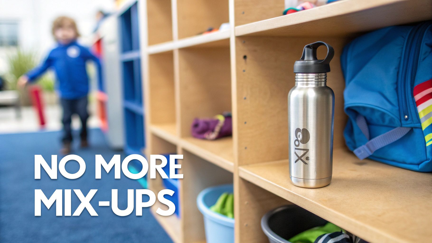 A child's stainless steel water bottle and blue backpack sit on a wooden shelf in a bright classroom.