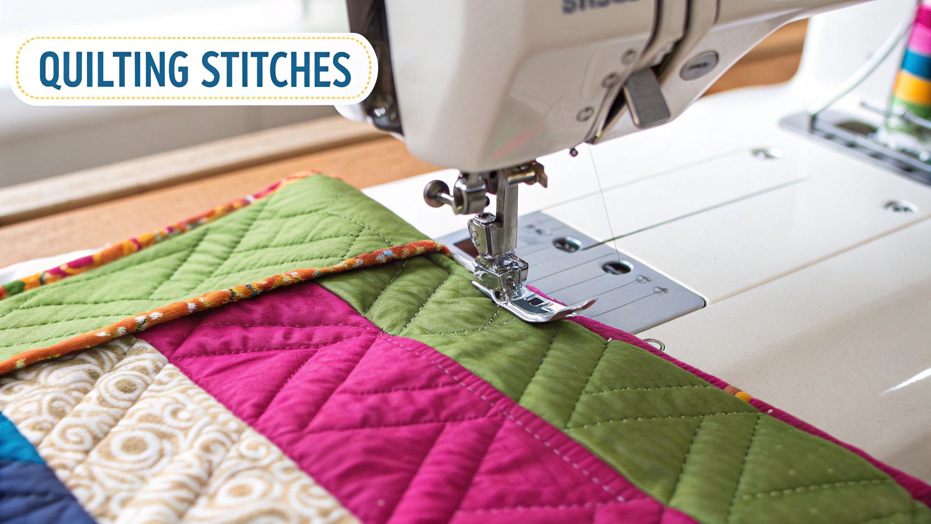 A finished, colorful patchwork coaster sitting on a wooden table next to a mug.