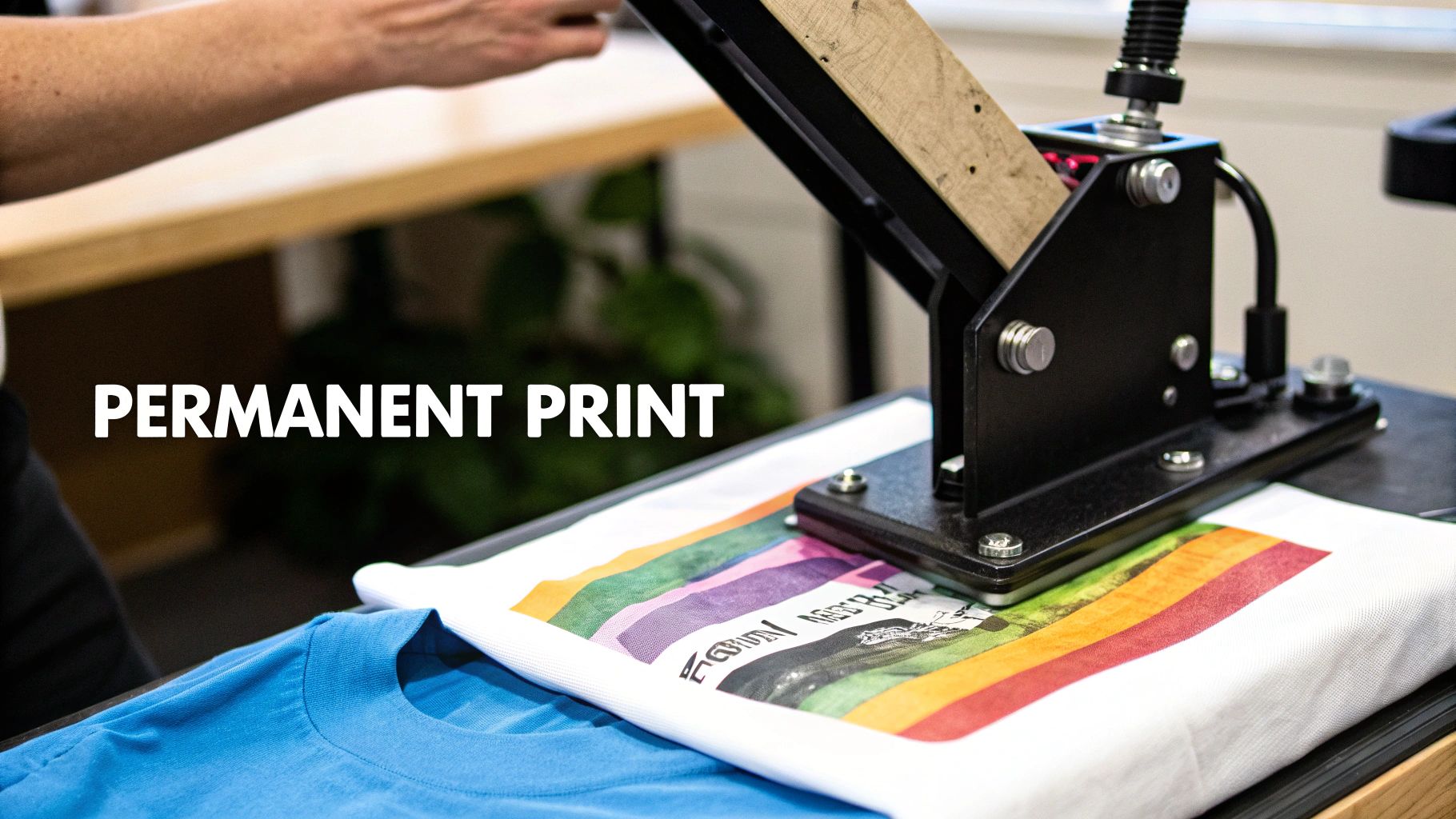 Person's hands using a heat press machine to apply a colorful print onto a t-shirt.