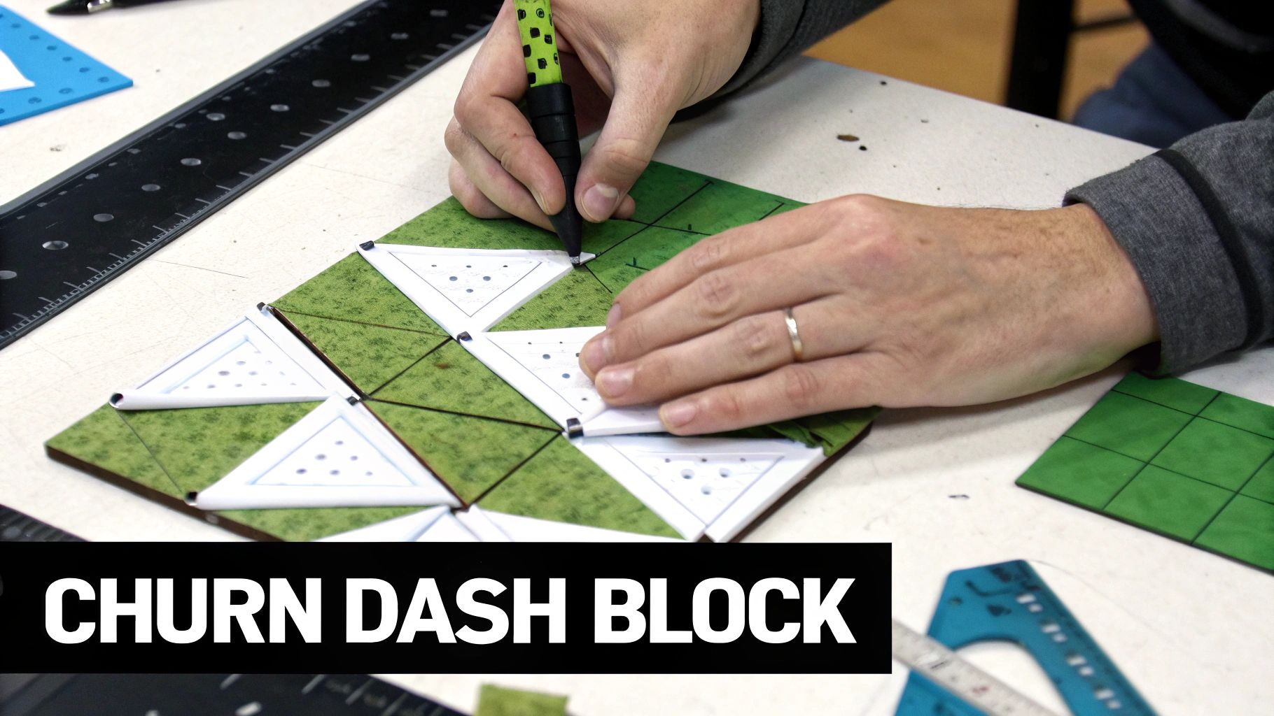 Person's hands drawing lines on a green churn dash quilt block using triangular templates.