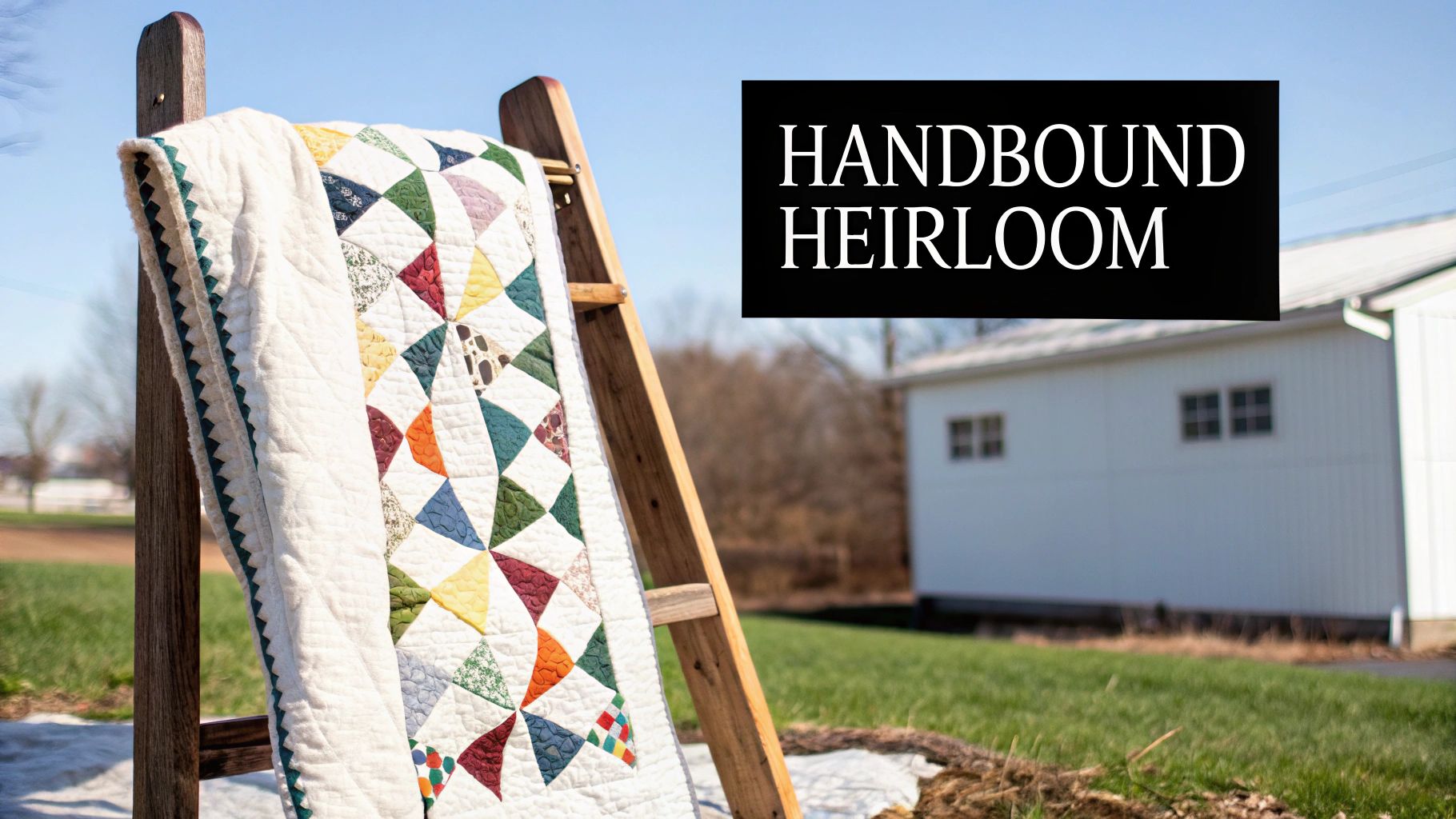 A vibrant patchwork quilt, handbound with a green edge, hangs on a wooden ladder outdoors.