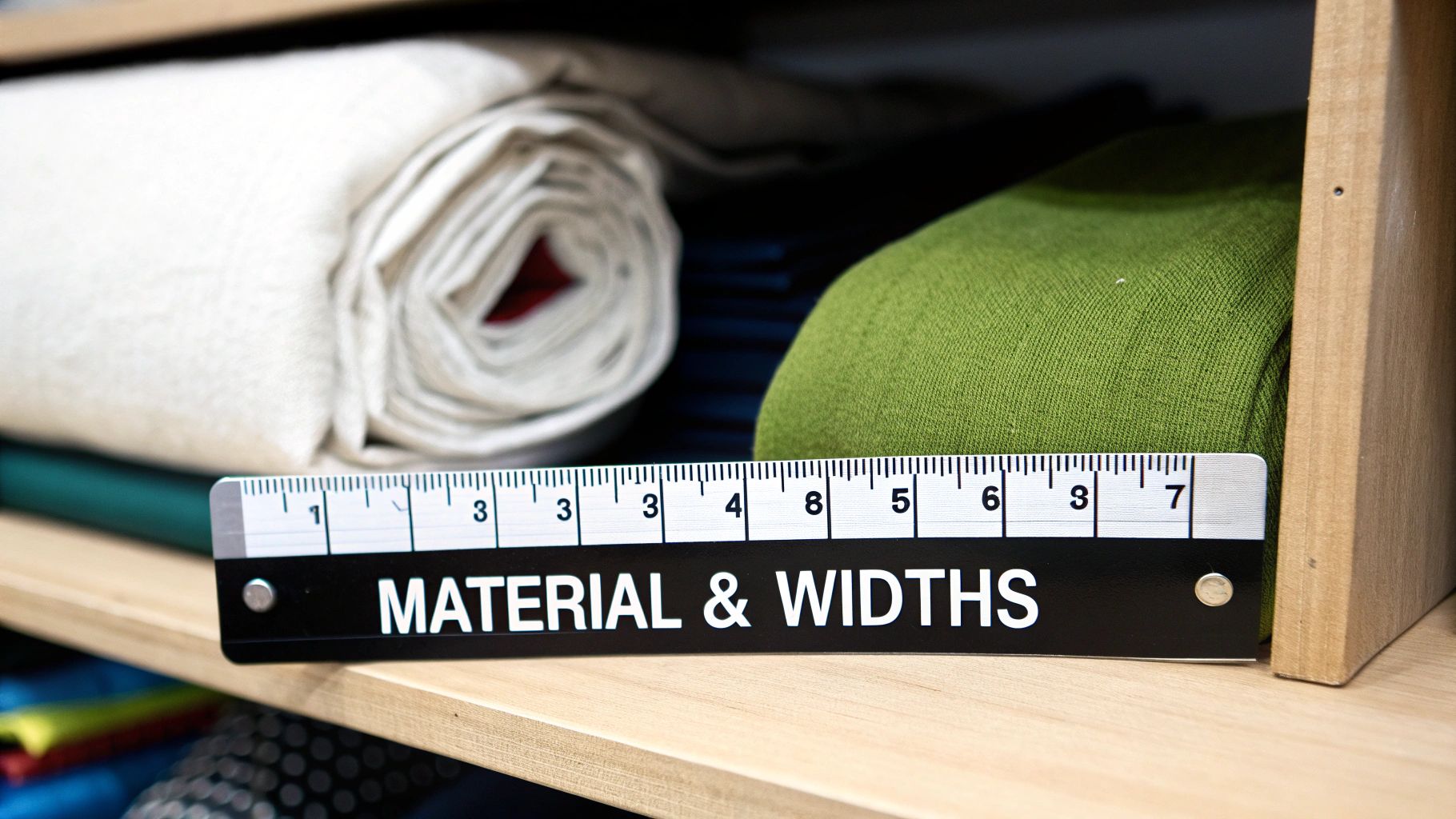 A ruler displaying 'MATERIAL & WIDTHS' in front of rolled white and green fabrics on a wooden shelf.