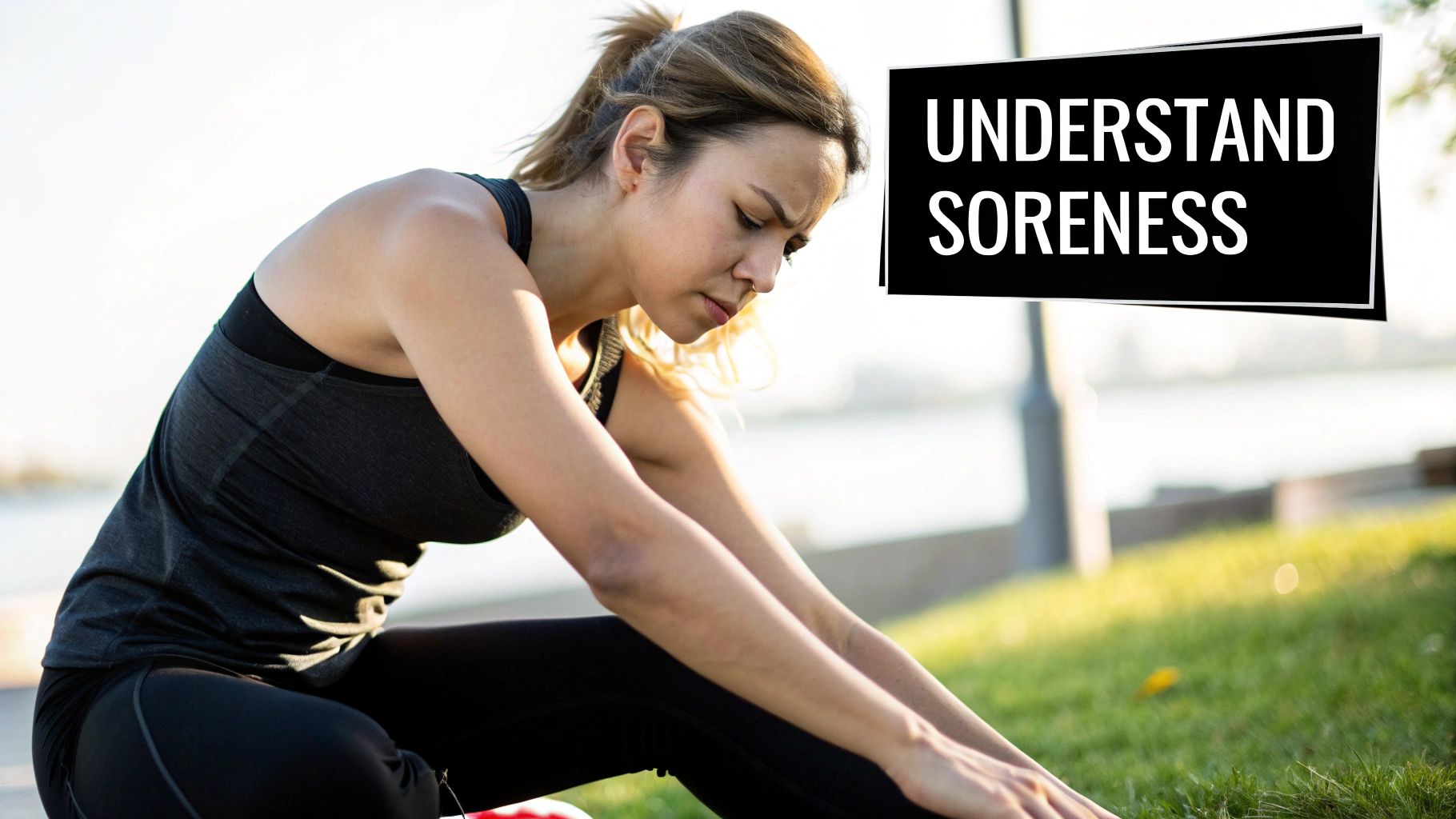 A woman in workout clothes stretching, looking tired or sore, with text 'UNDERSTAND SORENESS'.