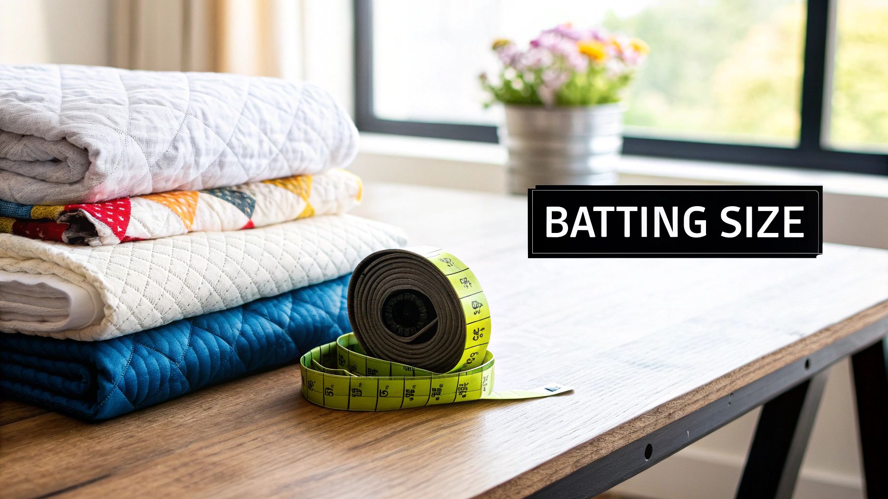 A stack of colorful quilted blankets on a wooden table with a rolled measuring tape and 'BATTING SIZE' text.