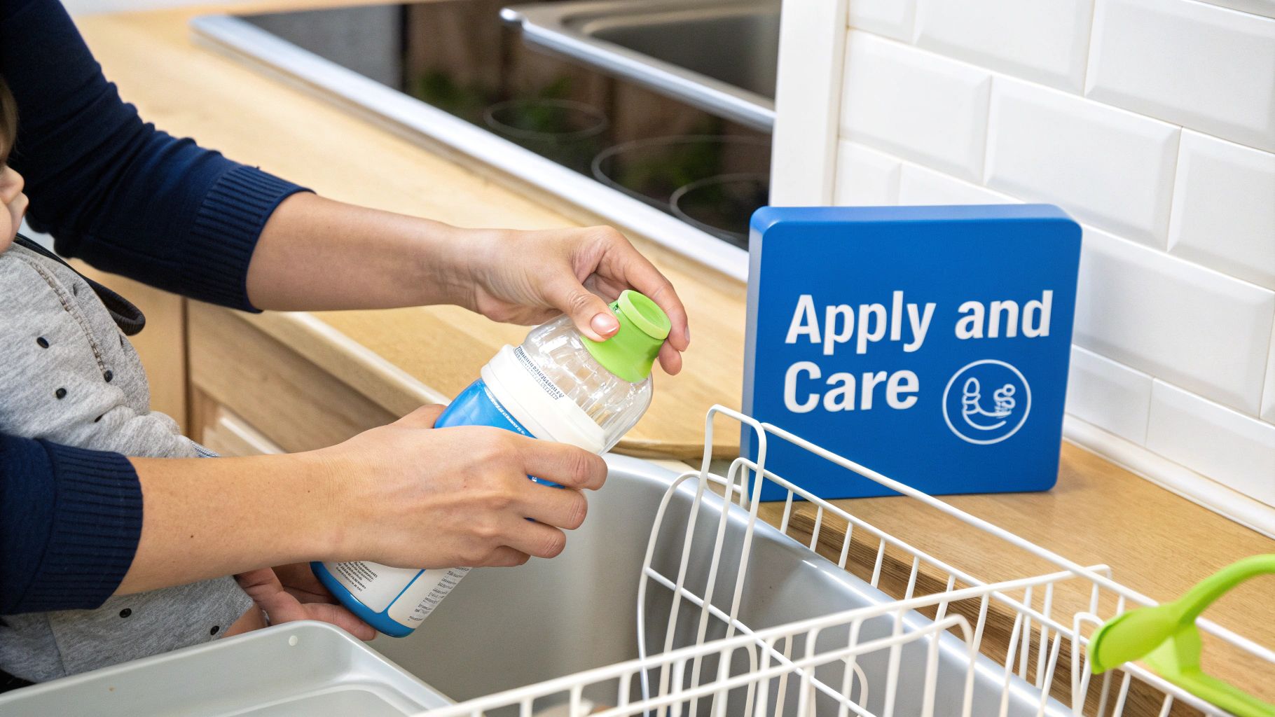 A person holds a baby while washing a baby bottle in a kitchen sink.