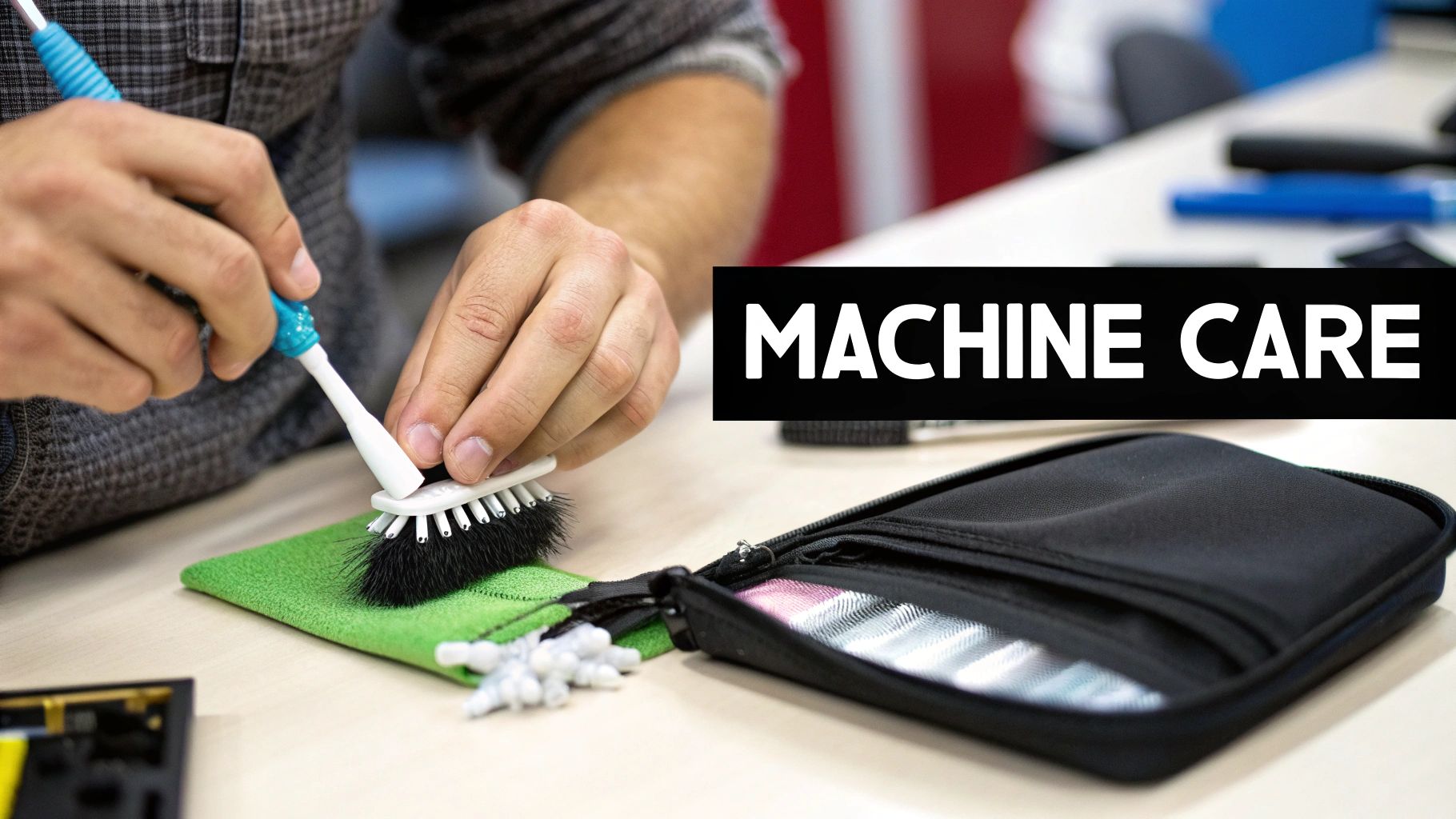 A person cleaning a black brush with a white and blue tool, on a green cloth, labeled 'MACHINE CARE'.