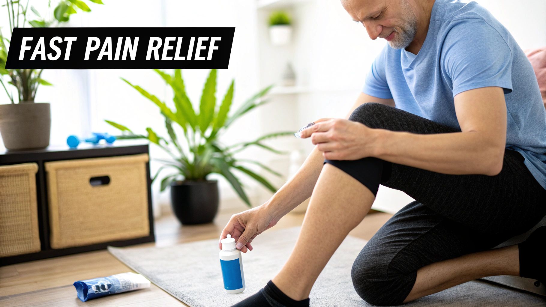A man with a painful leg holds a bottle of medicine, seeking fast pain relief.