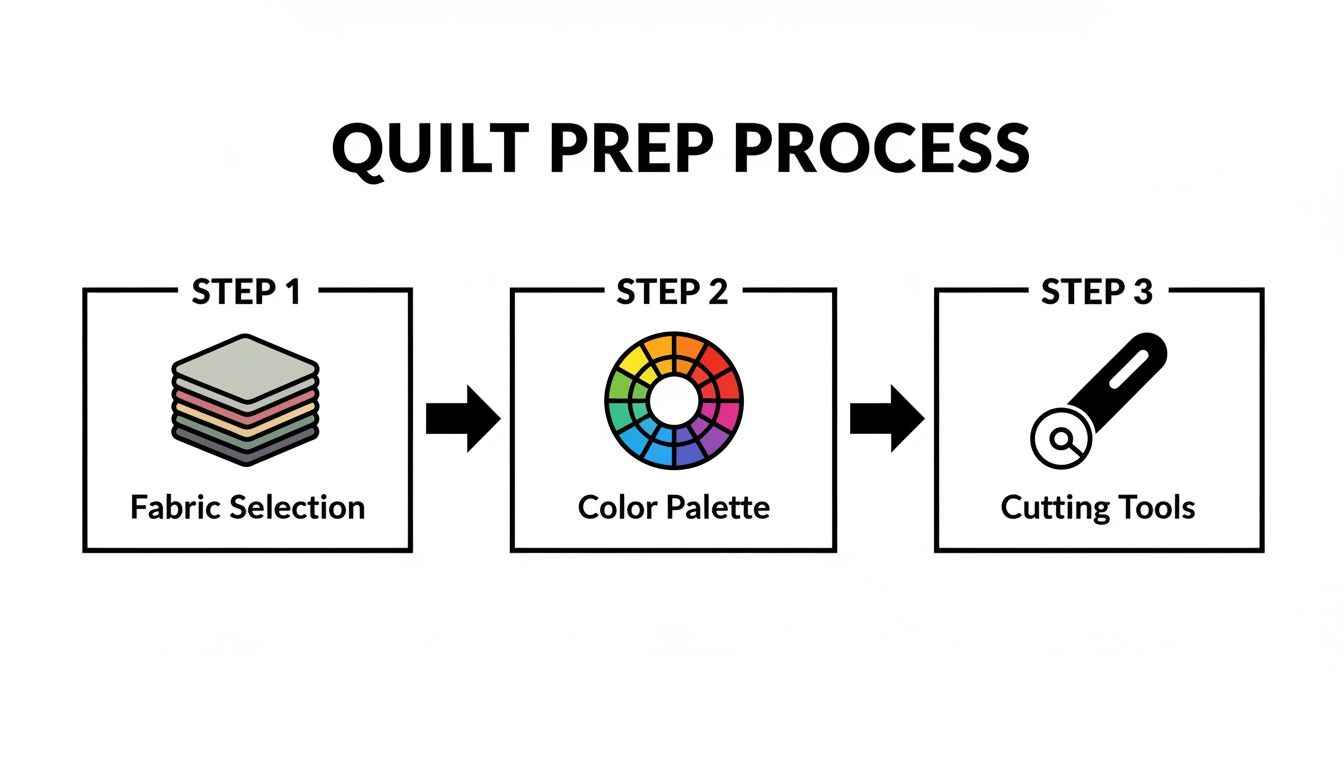 An infographic showing three steps of the quilt preparation process: fabric selection, color palette, and cutting tools.