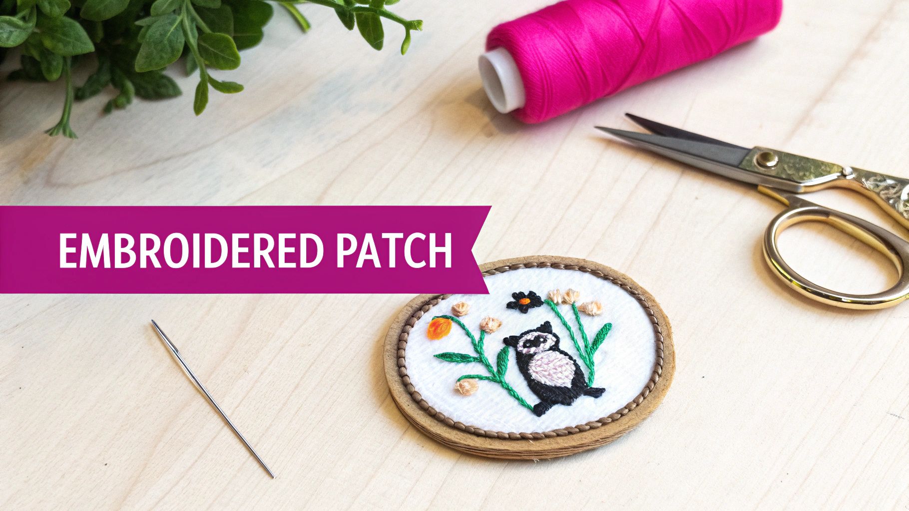 Embroidered patch with floral design and animal motif displayed with scissors, thread, and needle on wooden surface