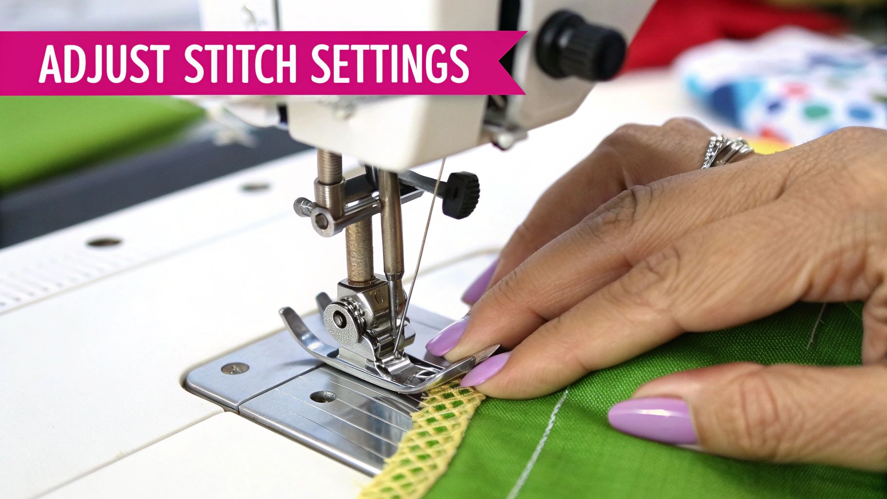 Person adjusting stitch settings on sewing machine while guiding green fabric under presser foot