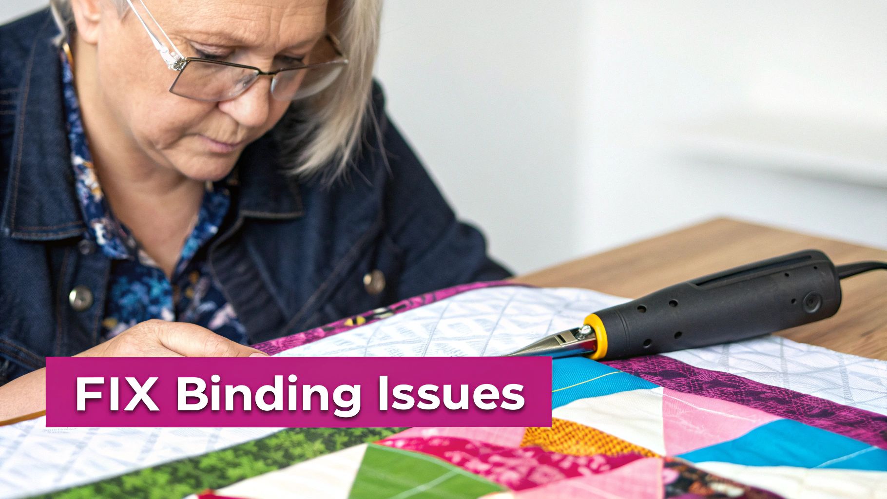A close-up of a quilter's hands carefully adjusting the binding on a quilt, with a seam ripper nearby.