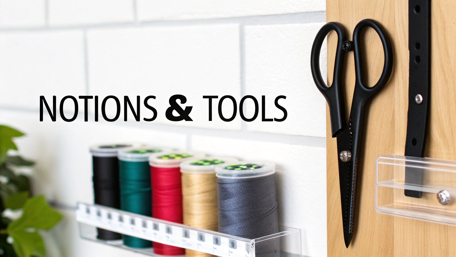 Close-up of sewing notions and tools, including colorful threads and black scissors, on a white brick background.
