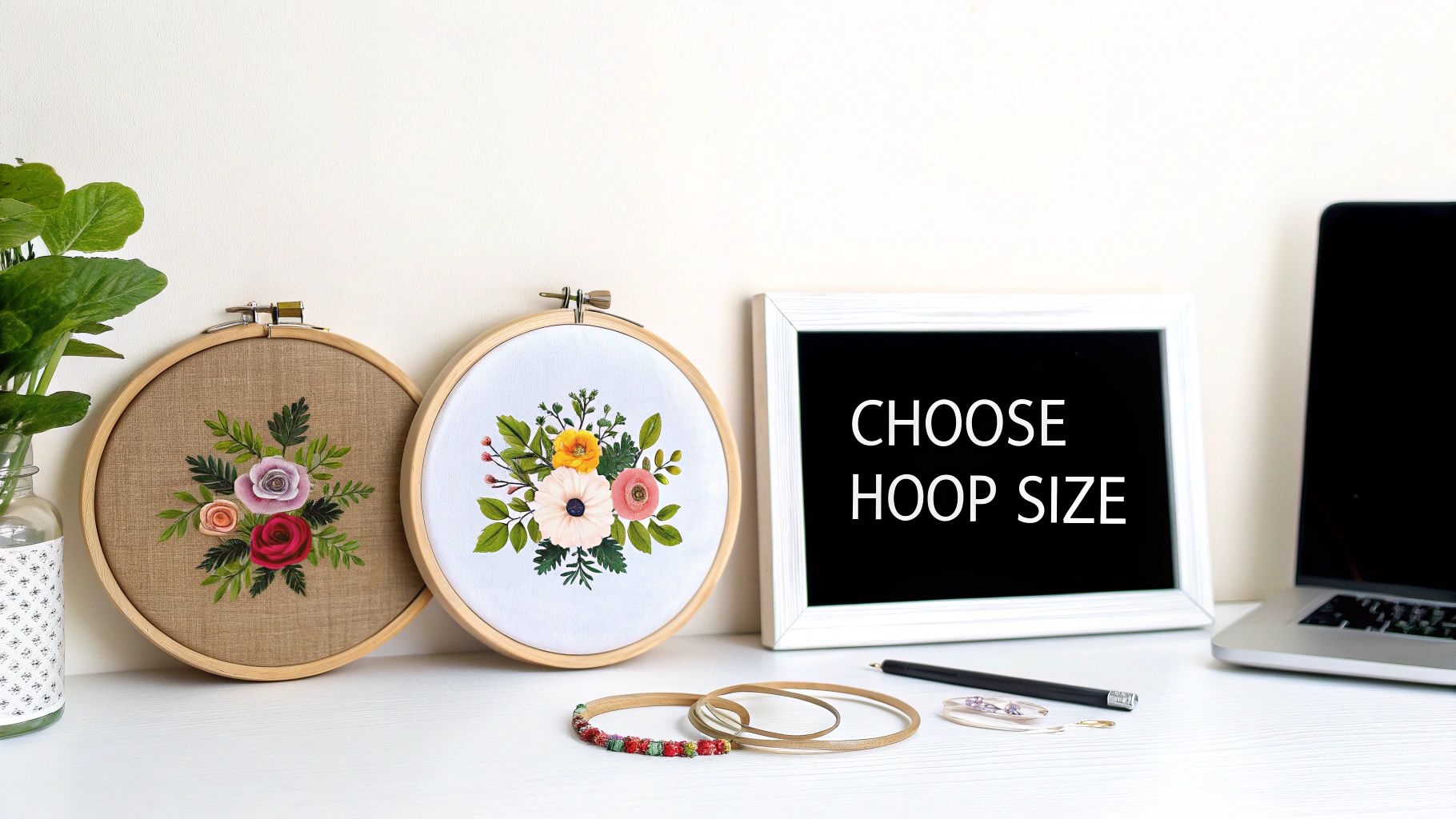 Two floral embroidery hoops, a 'CHOOSE HOOP SIZE' sign, and craft supplies on a white desk.