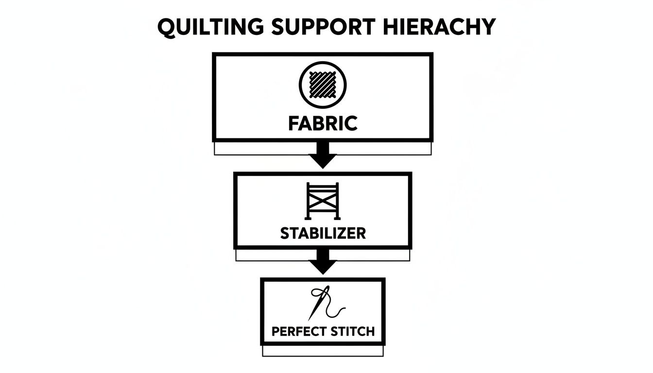 A black and white diagram shows the quilting support hierarchy: Fabric, Stabilizer, then Perfect Stitch.